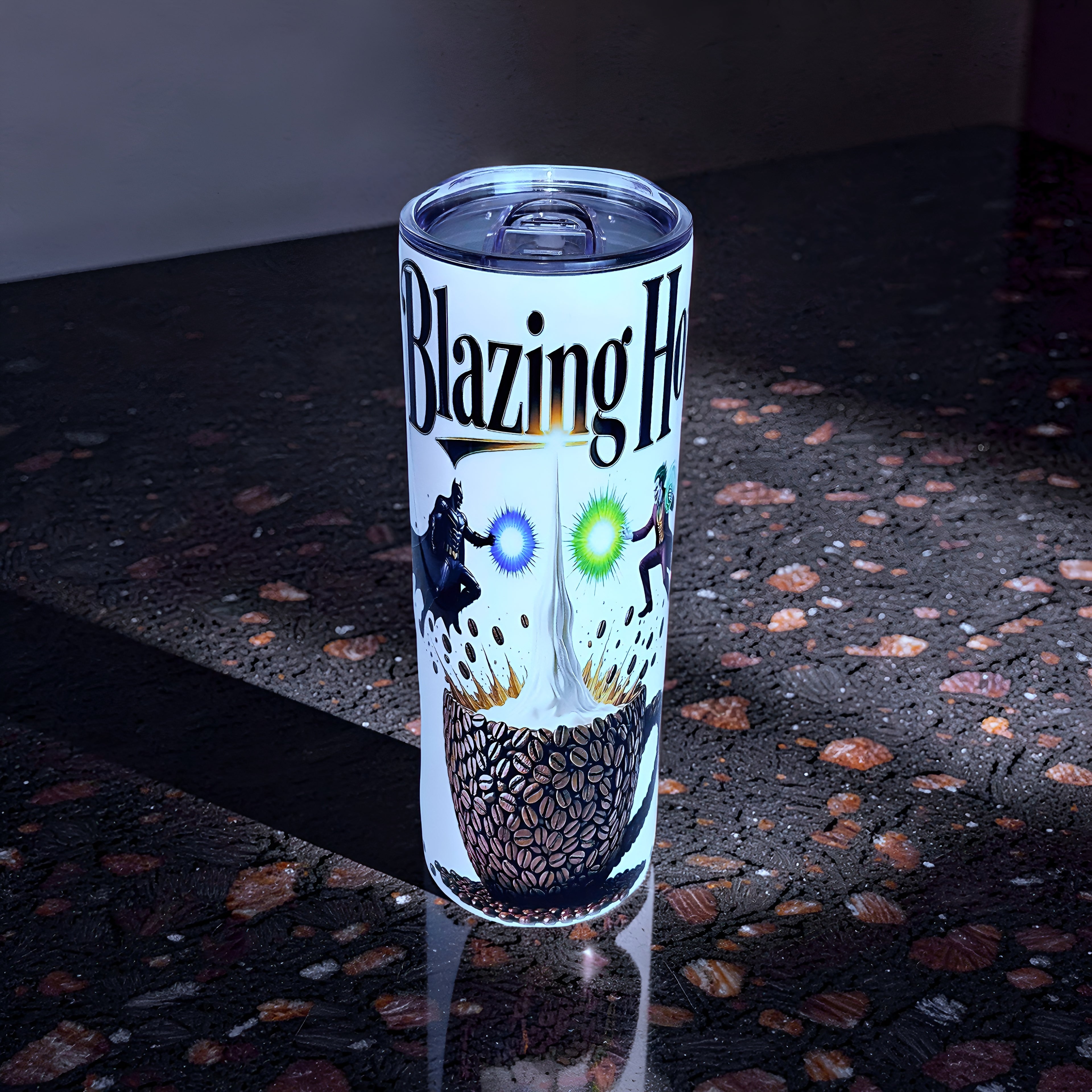 Blazing Hot Coffee 20oz Handled Skinny Tumbler – Hero vs Villain Energy Design | MpressPrintz