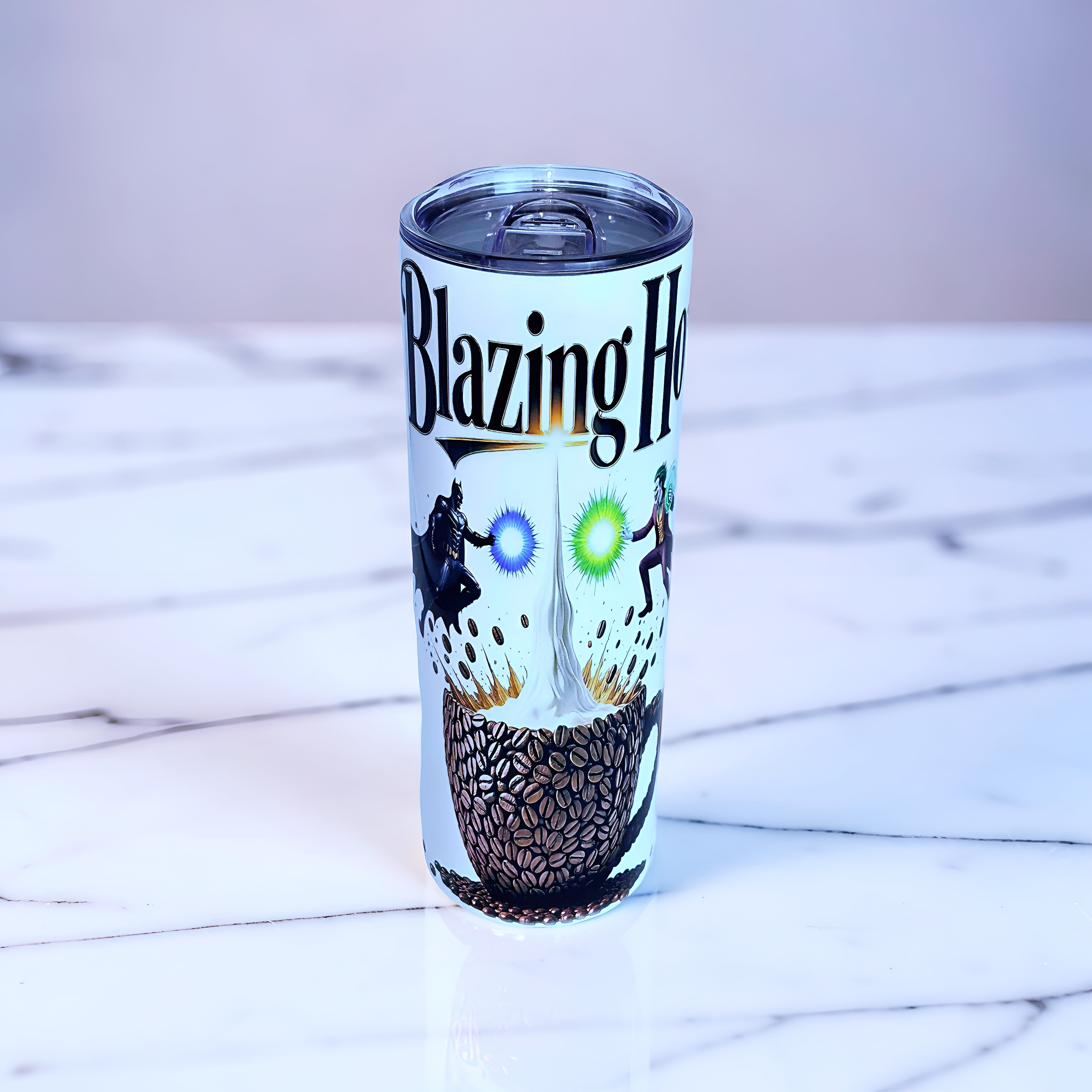 Blazing Hot Coffee 20oz Handled Skinny Tumbler – Hero vs Villain Energy Design | MpressPrintz