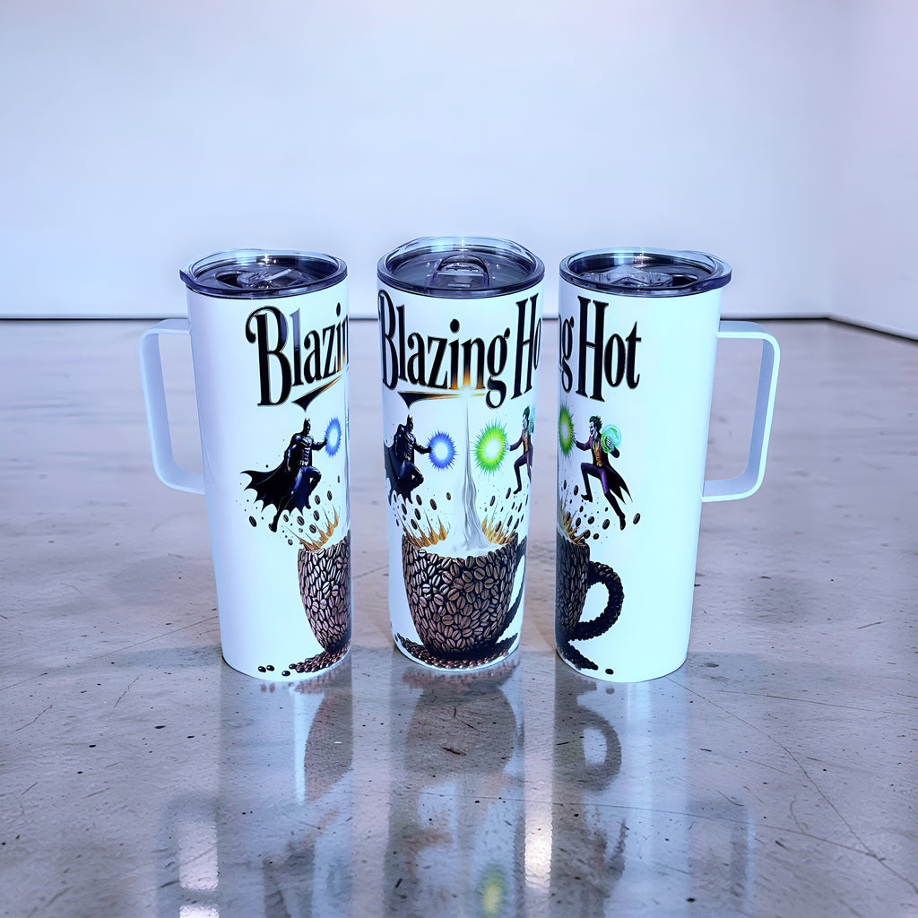 Blazing Hot Coffee 20oz Handled Skinny Tumbler – Hero vs Villain Energy Design | MpressPrintz