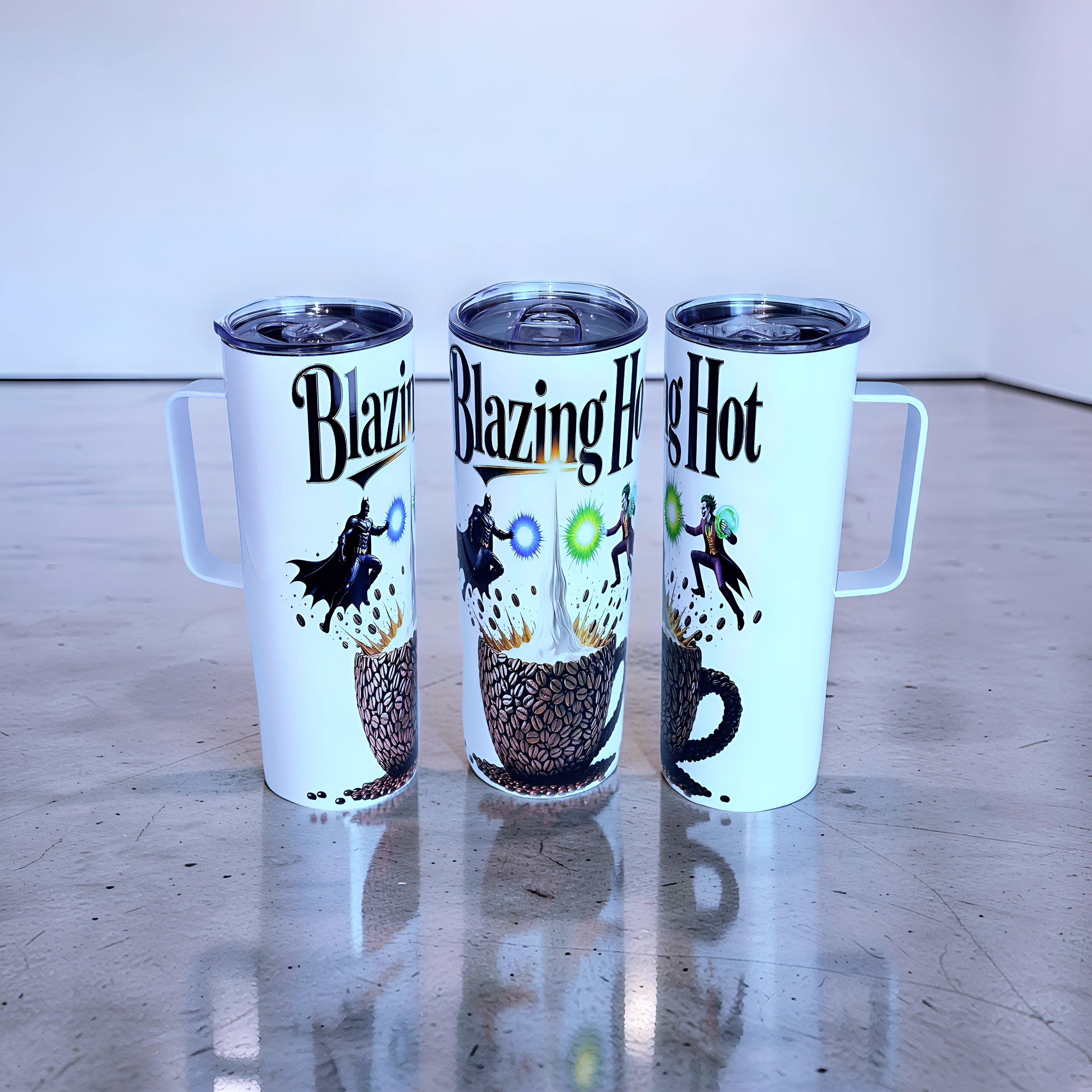 Blazing Hot Coffee 20oz Handled Skinny Tumbler – Hero vs Villain Energy Design | MpressPrintz