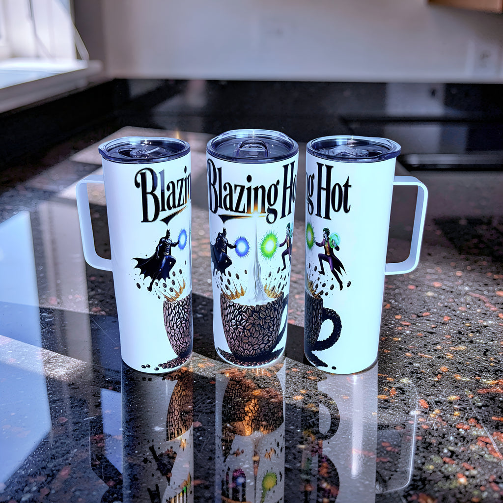 Blazing Hot Coffee 20oz Handled Skinny Tumbler – Hero vs Villain Energy Design | MpressPrintz
