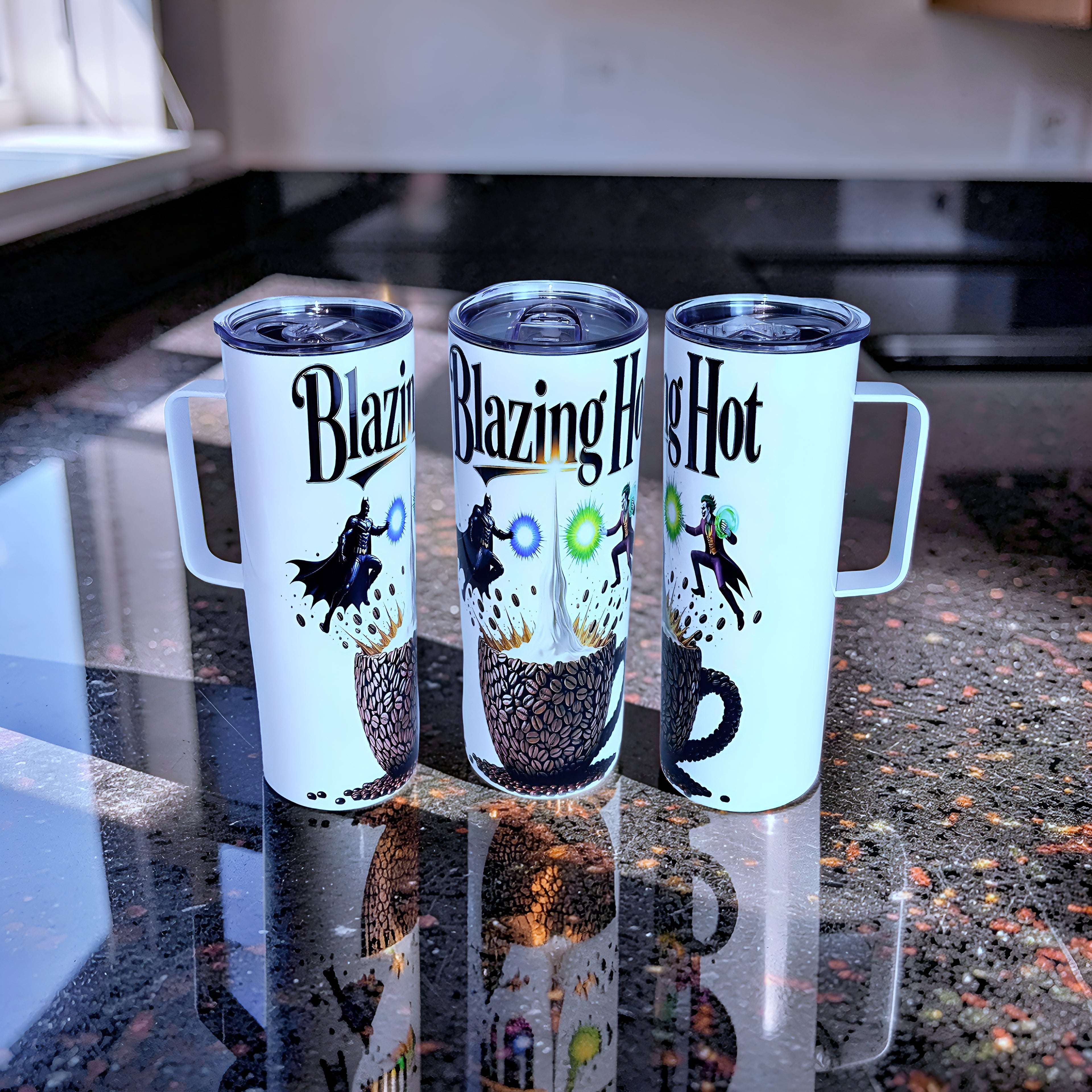 Blazing Hot Coffee 20oz Handled Skinny Tumbler – Hero vs Villain Energy Design | MpressPrintz