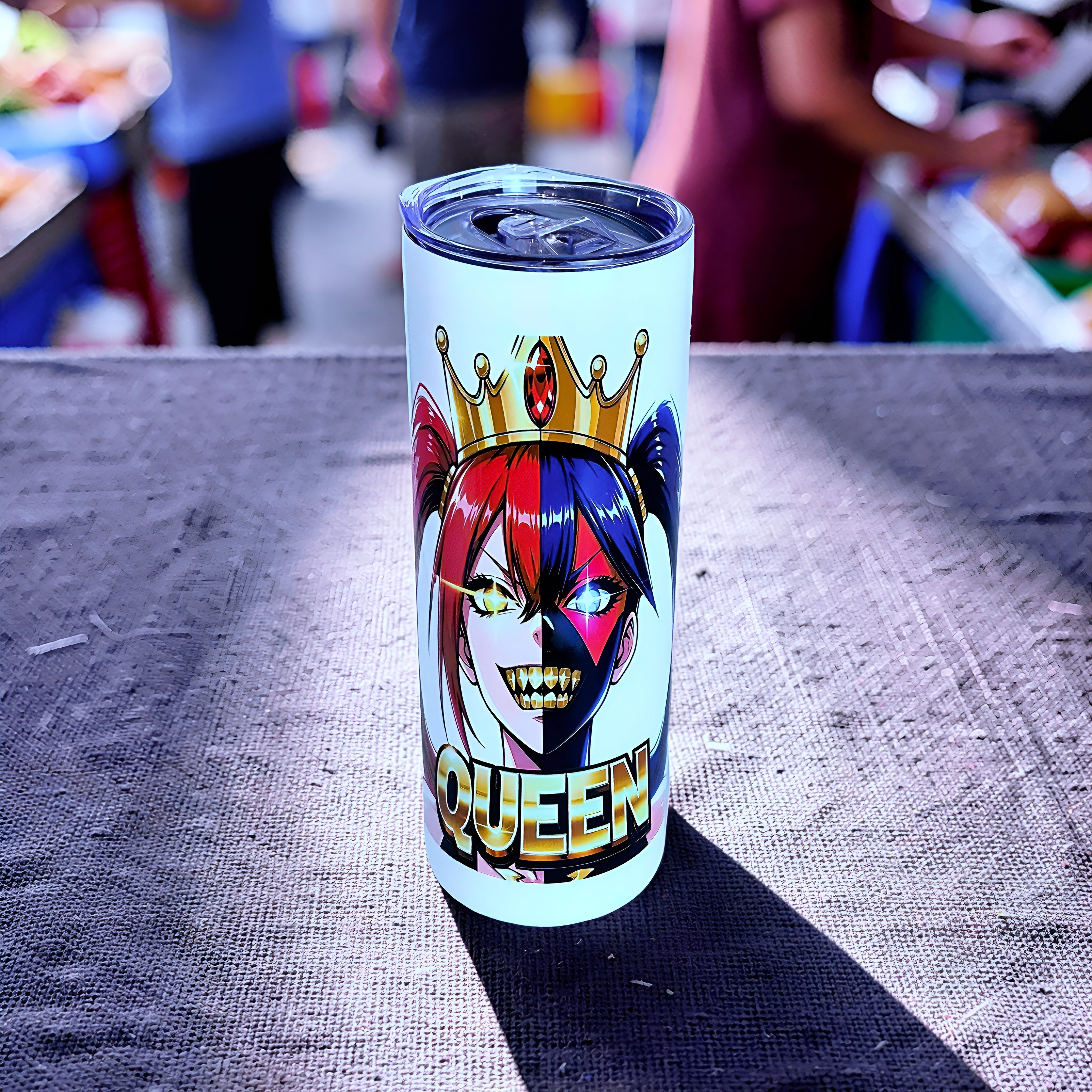 Chaos Queen Crown 20oz Skinny Tumbler – Split Face Anime Villain Design | MpressPrintz