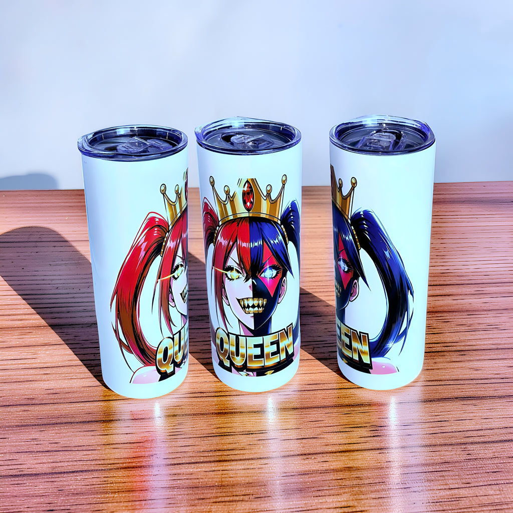 Chaos Queen Crown 20oz Skinny Tumbler – Split Face Anime Villain Design | MpressPrintz