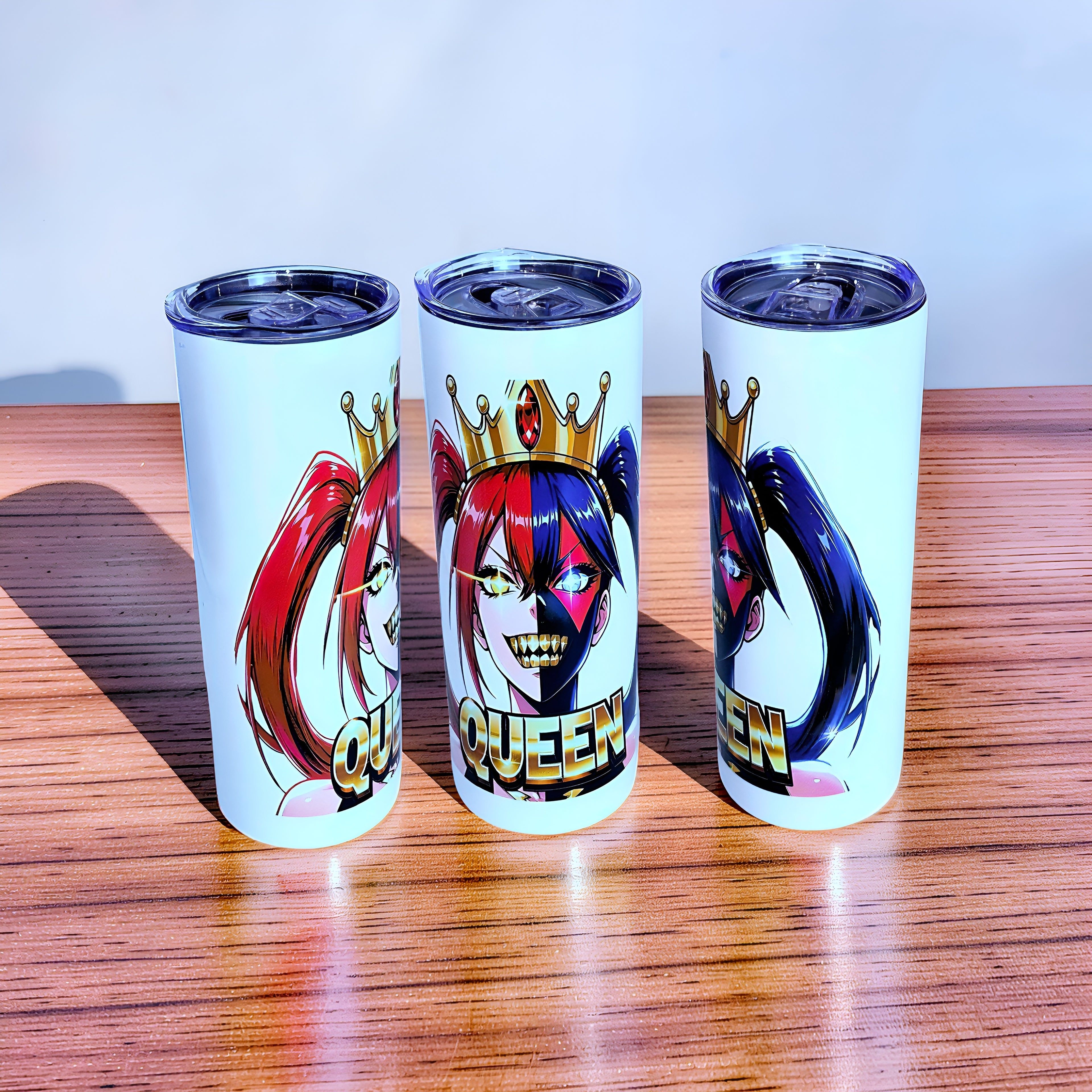 Chaos Queen Crown 20oz Skinny Tumbler – Split Face Anime Villain Design | MpressPrintz