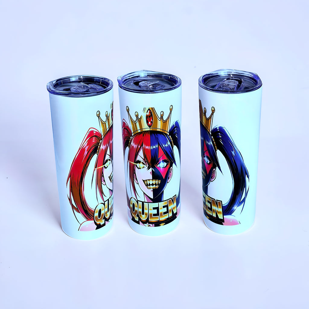 Chaos Queen Crown 20oz Skinny Tumbler – Split Face Anime Villain Design | MpressPrintz