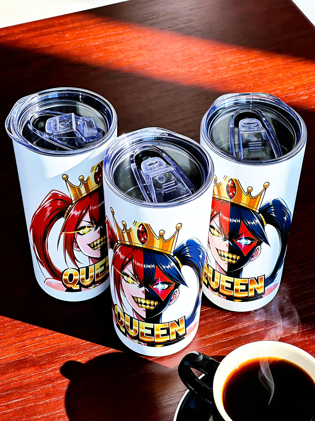 Chaos Queen Crown 20oz Skinny Tumbler – Split Face Anime Villain Design | MpressPrintz