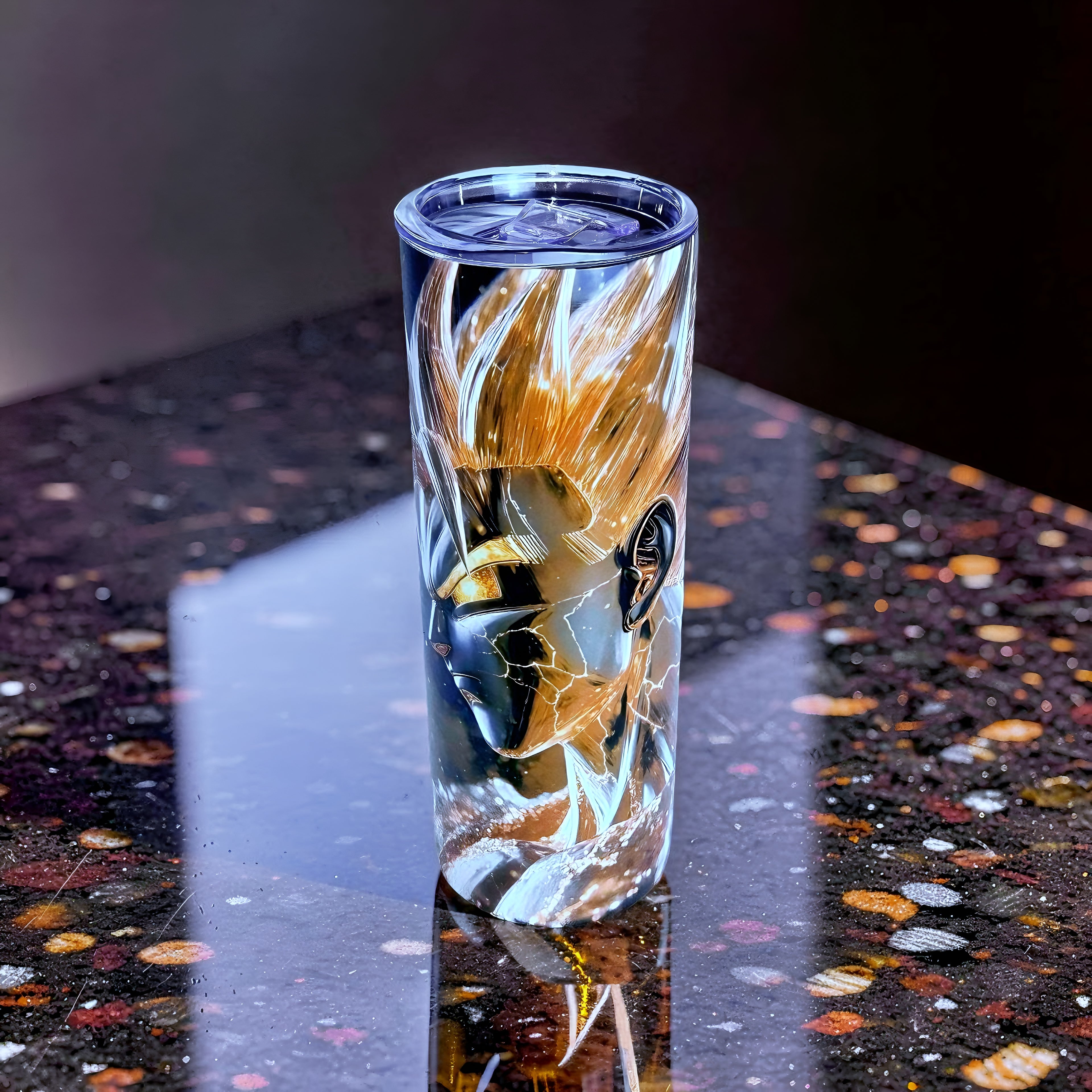 Golden Power Warrior 20oz Skinny Tumbler – Anime Energy Aura Design + Metal Straw | MpressPrintz