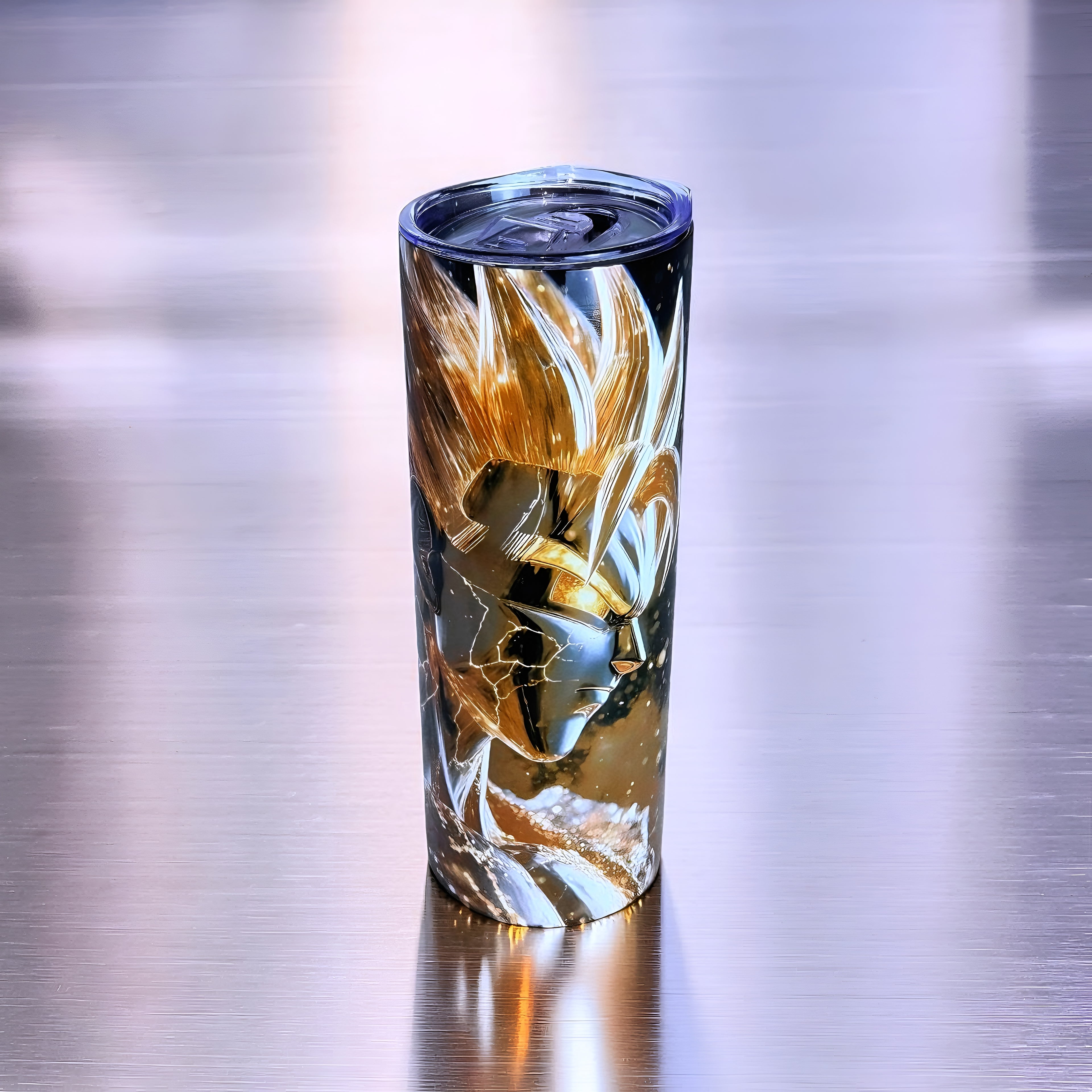 Golden Power Warrior 20oz Skinny Tumbler – Anime Energy Aura Design + Metal Straw | MpressPrintz