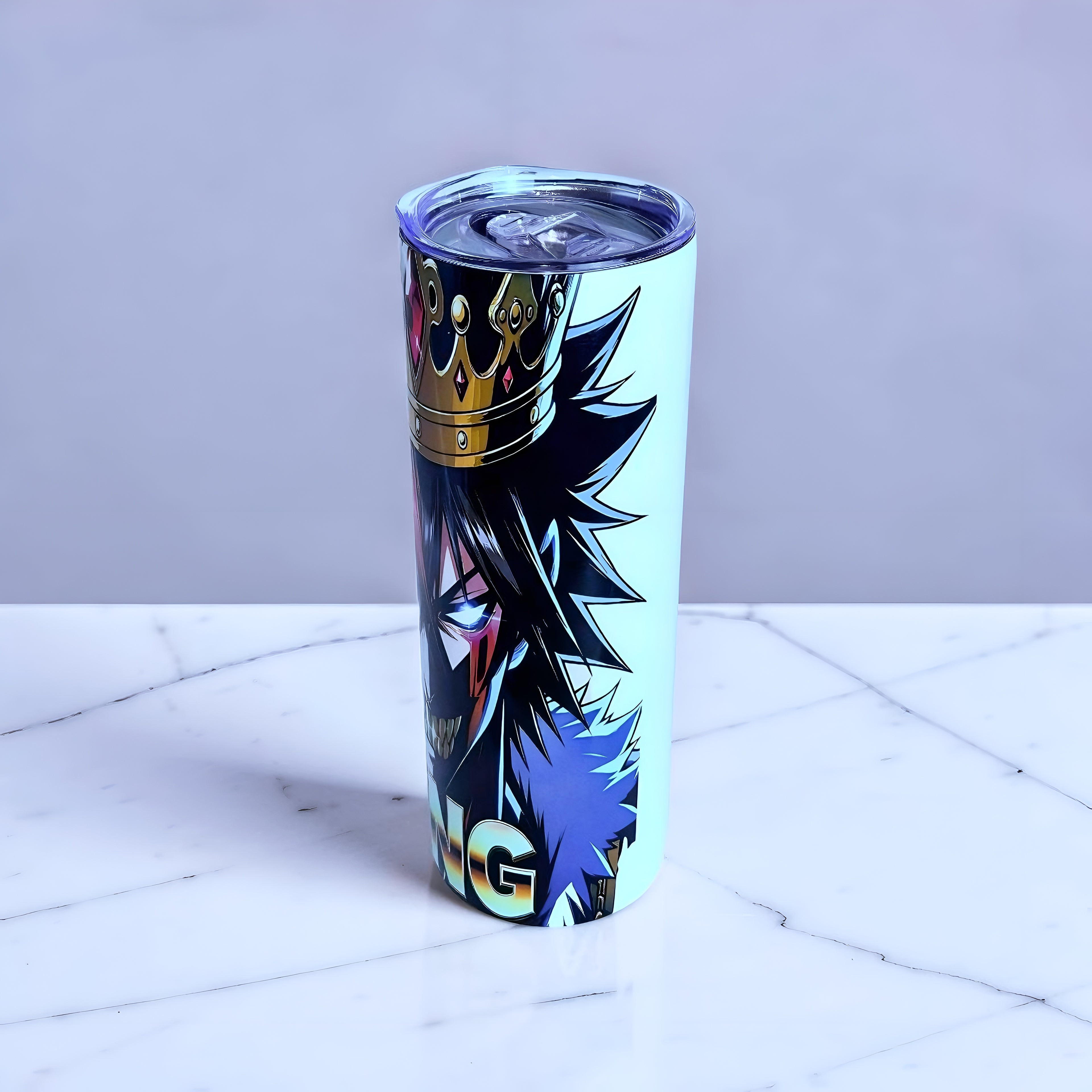 Chaos King 20oz Skinny Tumbler – Dark Anime Crown Design + Metal Straw | MpressPrintz