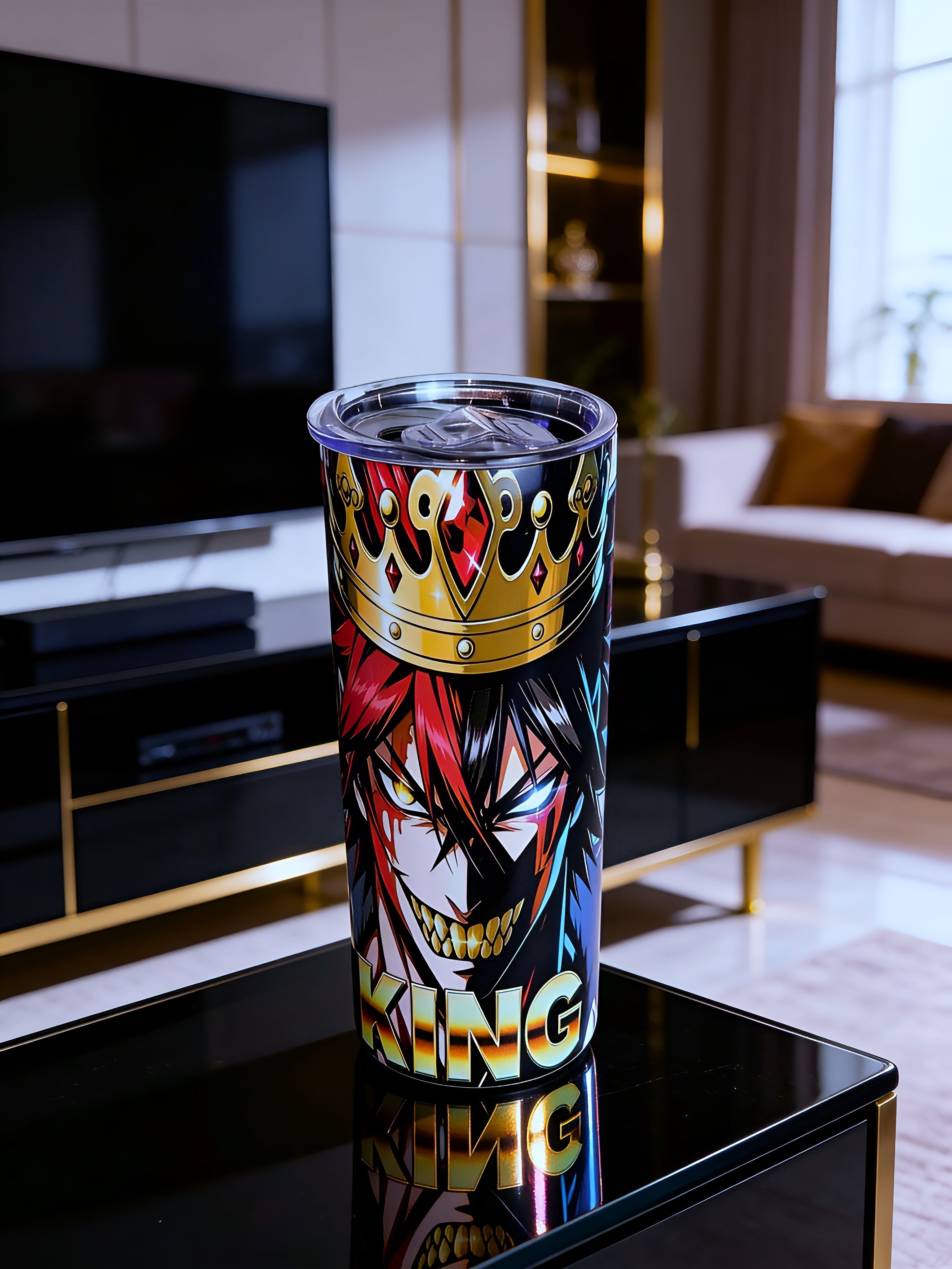 Chaos King 20oz Skinny Tumbler – Dark Anime Crown Design + Metal Straw | MpressPrintz