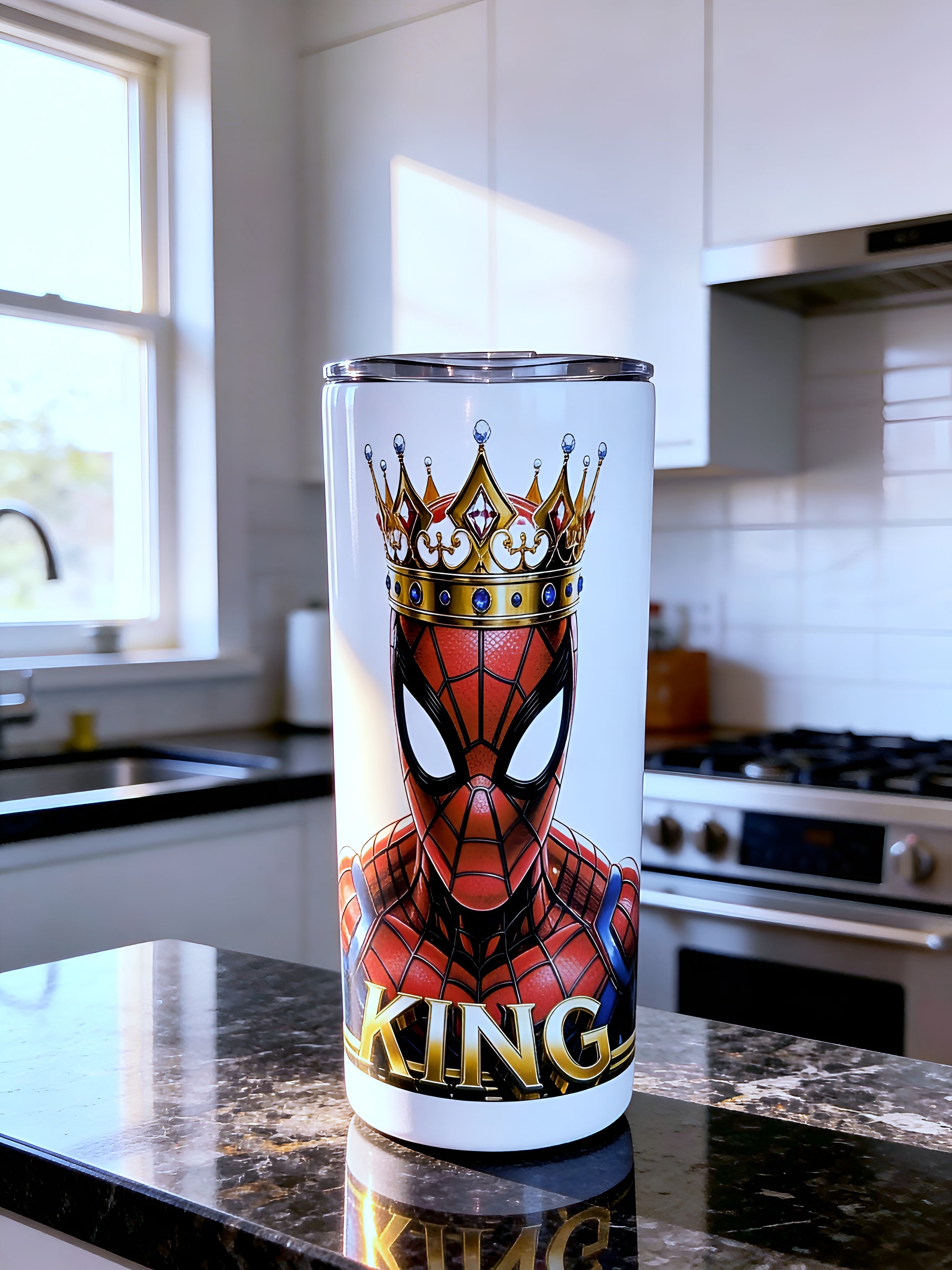 King Web Hero 20oz Skinny Tumbler – Crowned Hero Design + Metal Straw | MpressPrintz
