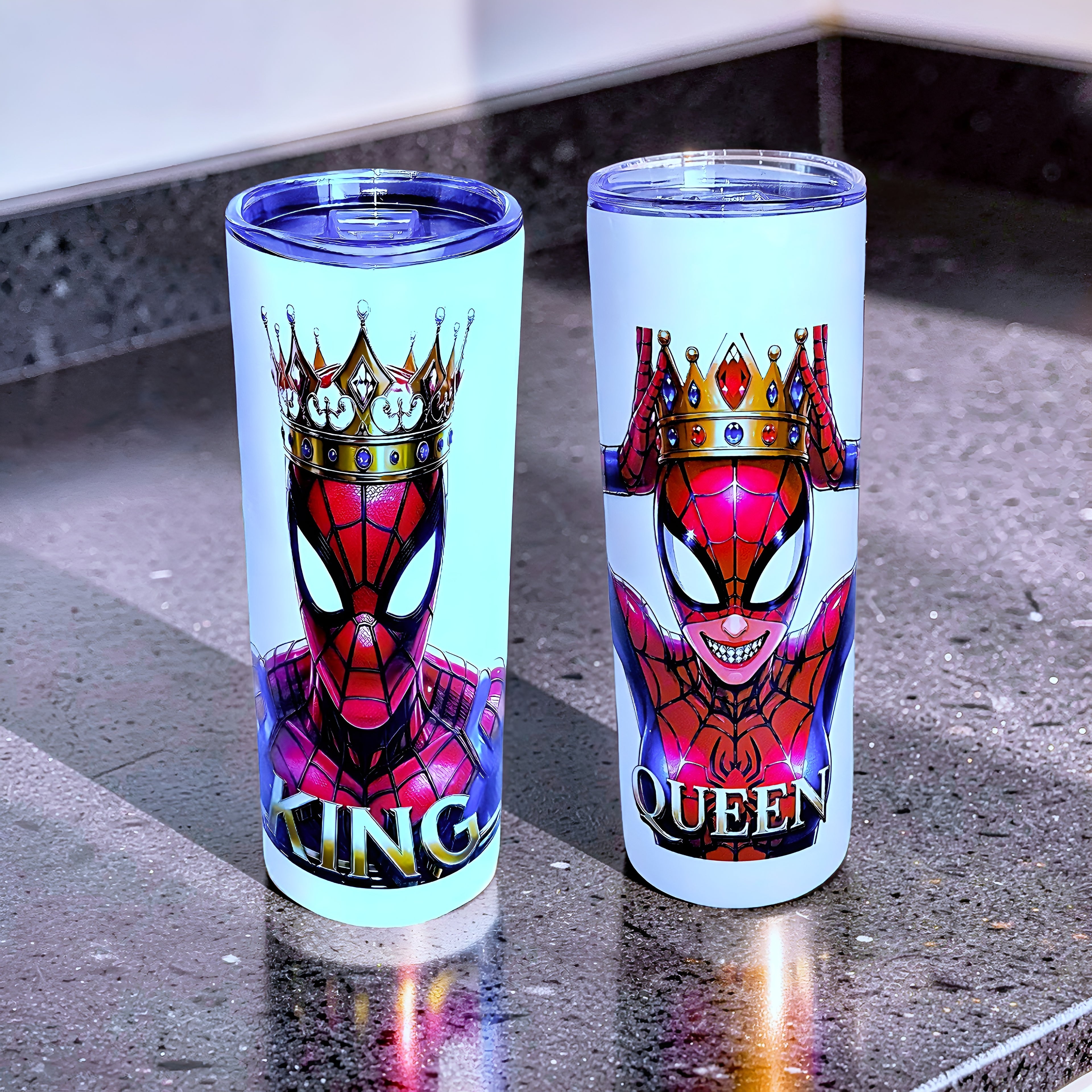 King & Queen Web Royalty 20oz Skinny Tumbler Set (2-Pack) – Crowned Hero Design + Metal Straws | MpressPrintz