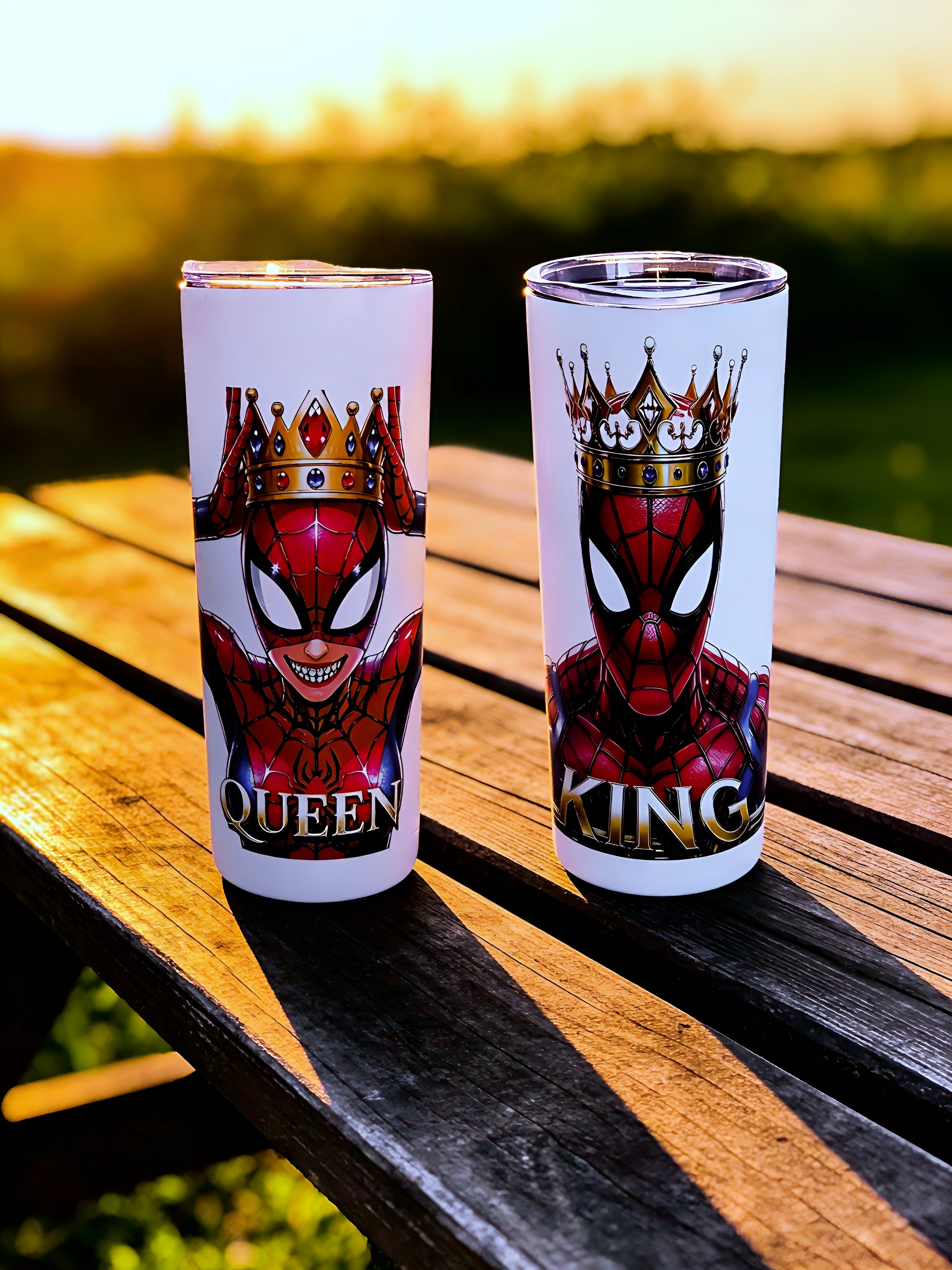 King & Queen Web Royalty 20oz Skinny Tumbler Set (2-Pack) – Crowned Hero Design + Metal Straws | MpressPrintz