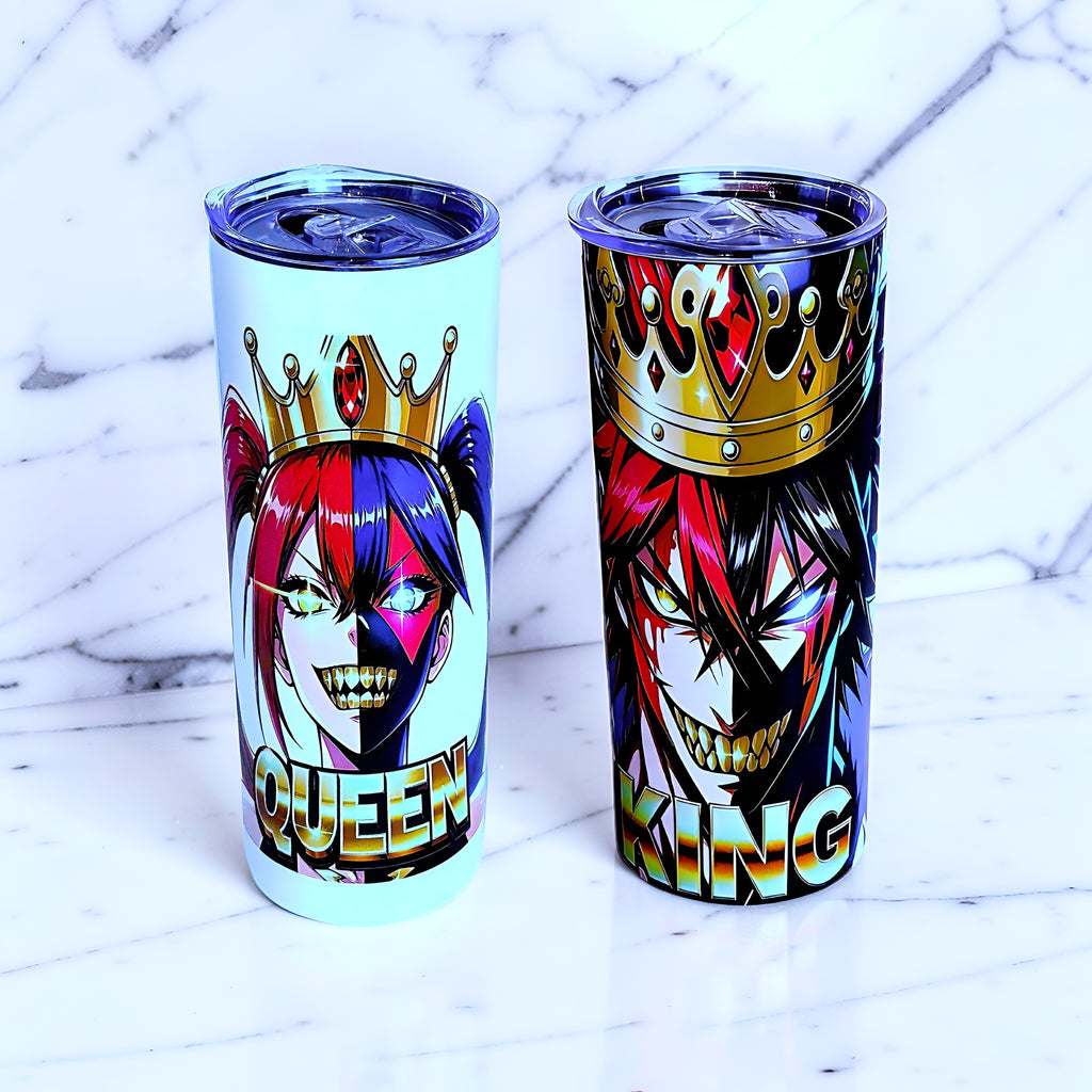 Chaos King & Queen 20oz Skinny Tumbler Set (2-Pack) – Dark Anime Crown Design + Metal Straws | MpressPrintz