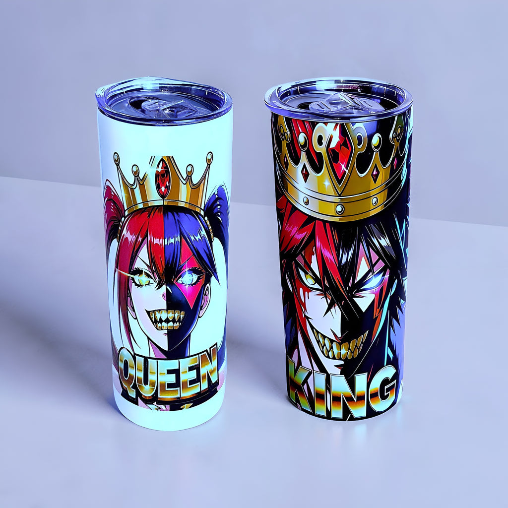Chaos King & Queen 20oz Skinny Tumbler Set (2-Pack) – Dark Anime Crown Design + Metal Straws | MpressPrintz
