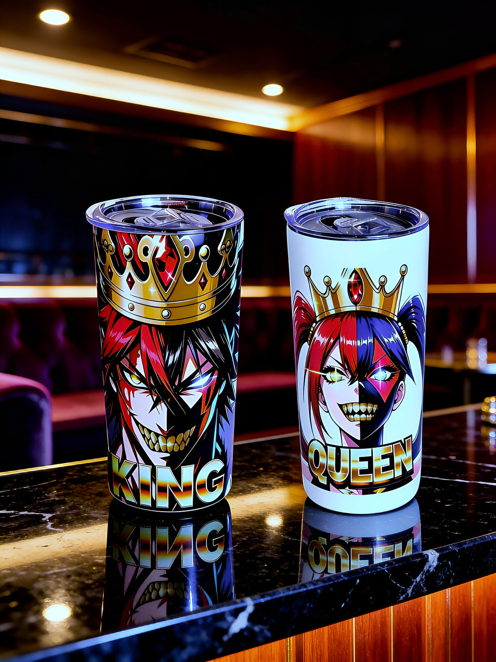 Chaos King & Queen 20oz Skinny Tumbler Set (2-Pack) – Dark Anime Crown Design + Metal Straws | MpressPrintz