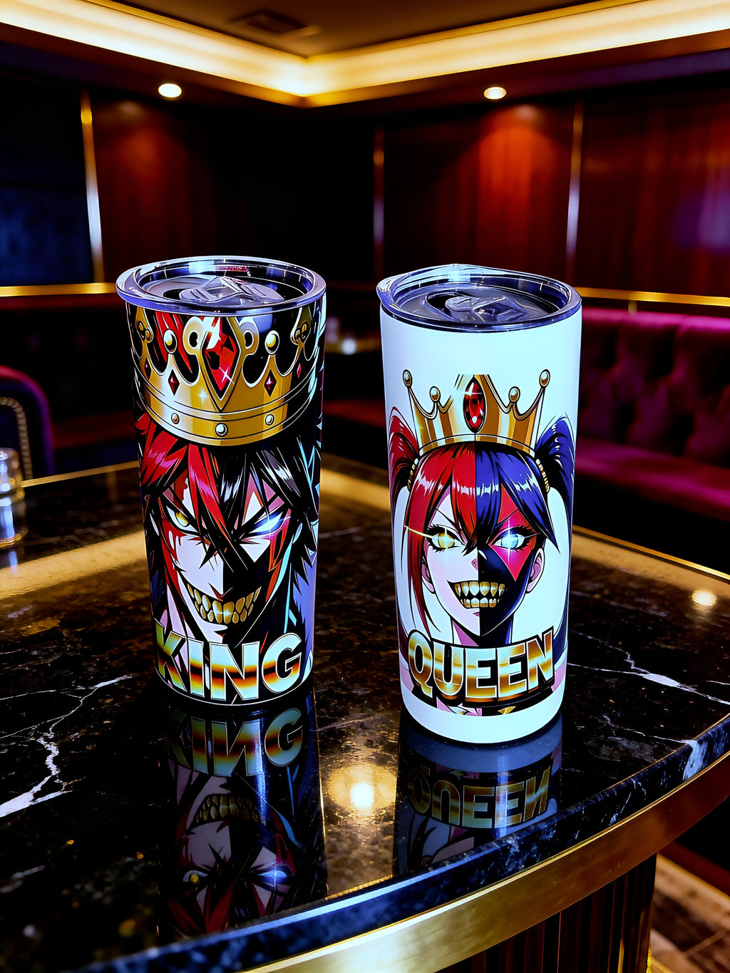 Chaos King & Queen 20oz Skinny Tumbler Set (2-Pack) – Dark Anime Crown Design + Metal Straws | MpressPrintz