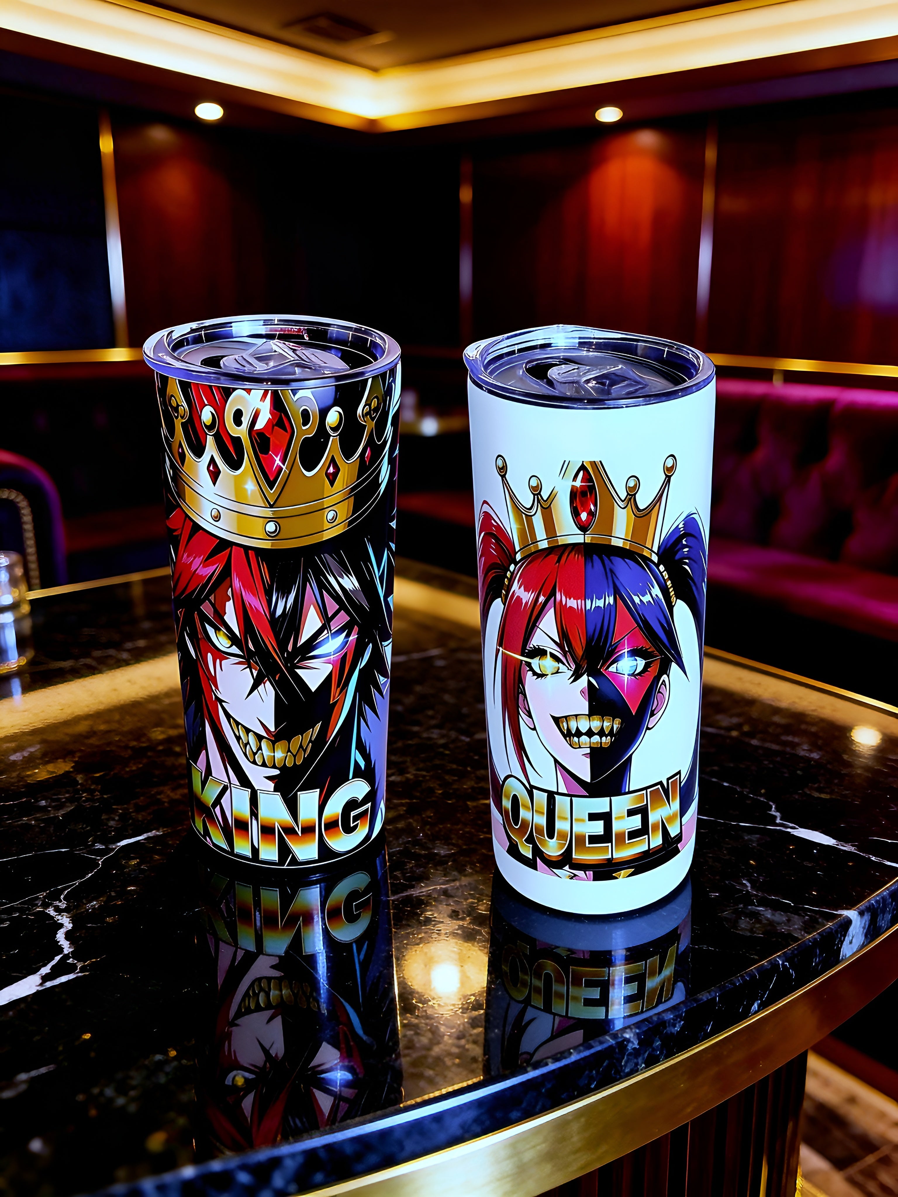 Chaos King & Queen 20oz Skinny Tumbler Set (2-Pack) – Dark Anime Crown Design + Metal Straws | MpressPrintz