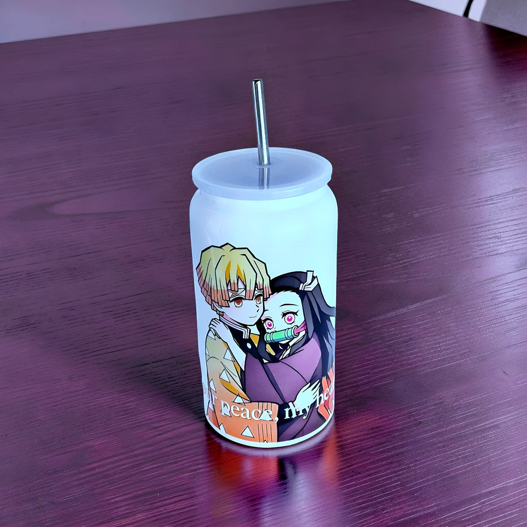 Anime Inspired 16oz Tumbler – Zenitsu & Nezuko Inspired “Your Peace, My Heart” Design + Stainless Steel Metal Straw | MpressPrintz
