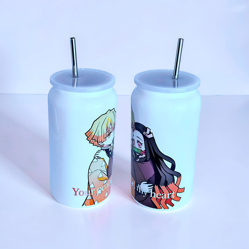 Anime Inspired 16oz Tumbler – Zenitsu & Nezuko Inspired “Your Peace, My Heart” Design + Stainless Steel Metal Straw | MpressPrintz