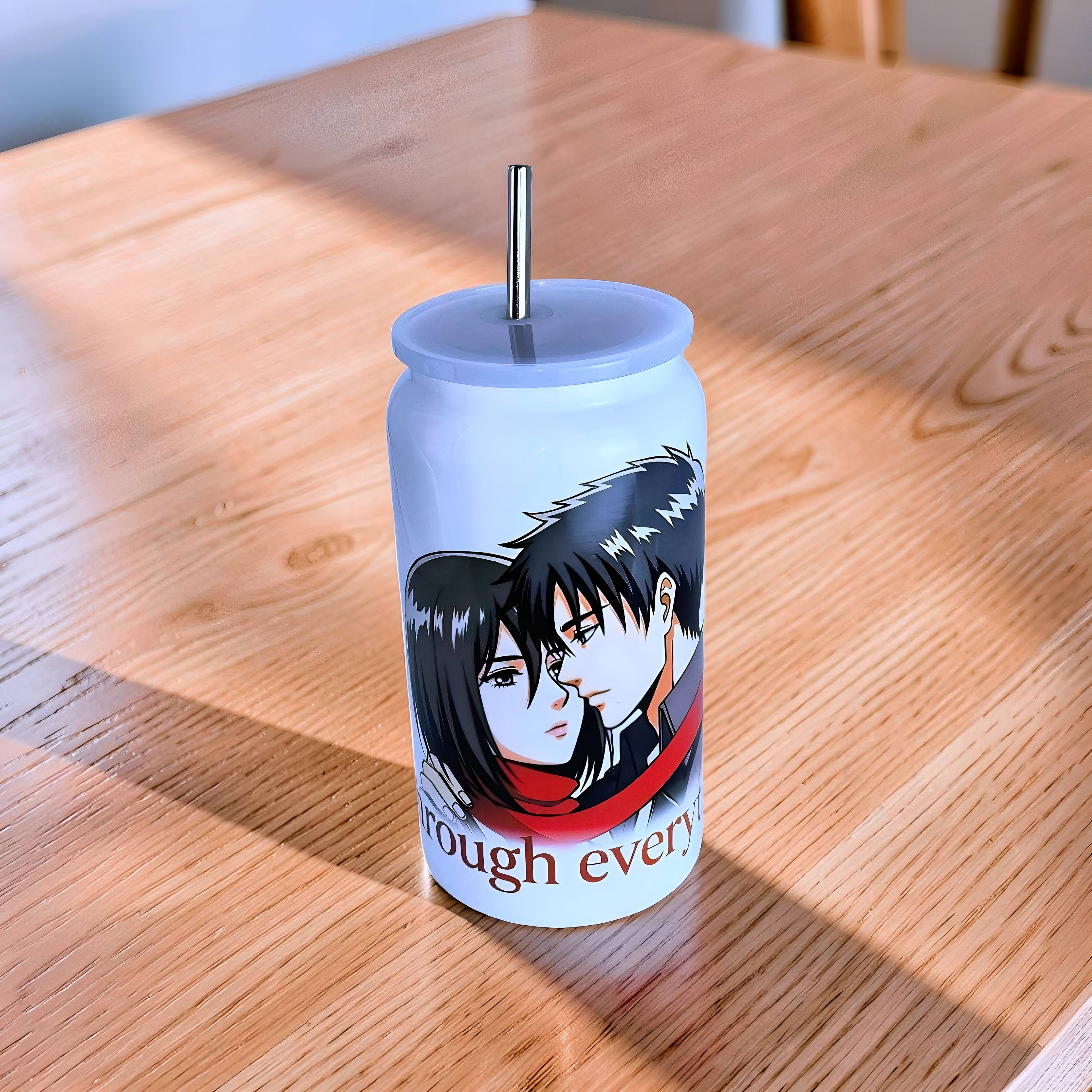 Anime Inspired 16oz Tumbler – Eren & Mikasa Inspired “Through Everything” Design + Stainless Steel Metal Straw | MpressPrintz
