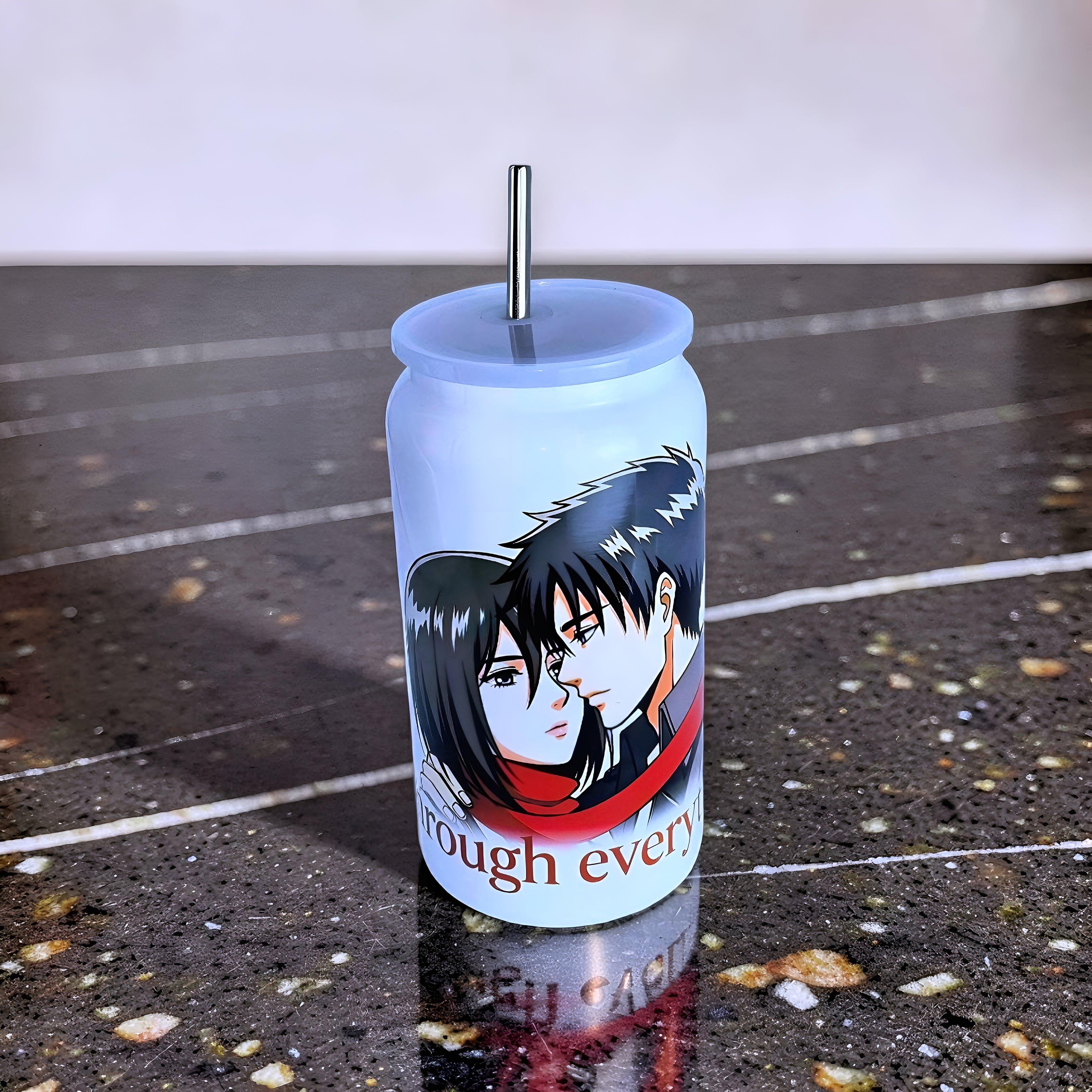 Anime Inspired 16oz Tumbler – Eren & Mikasa Inspired “Through Everything” Design + Stainless Steel Metal Straw | MpressPrintz