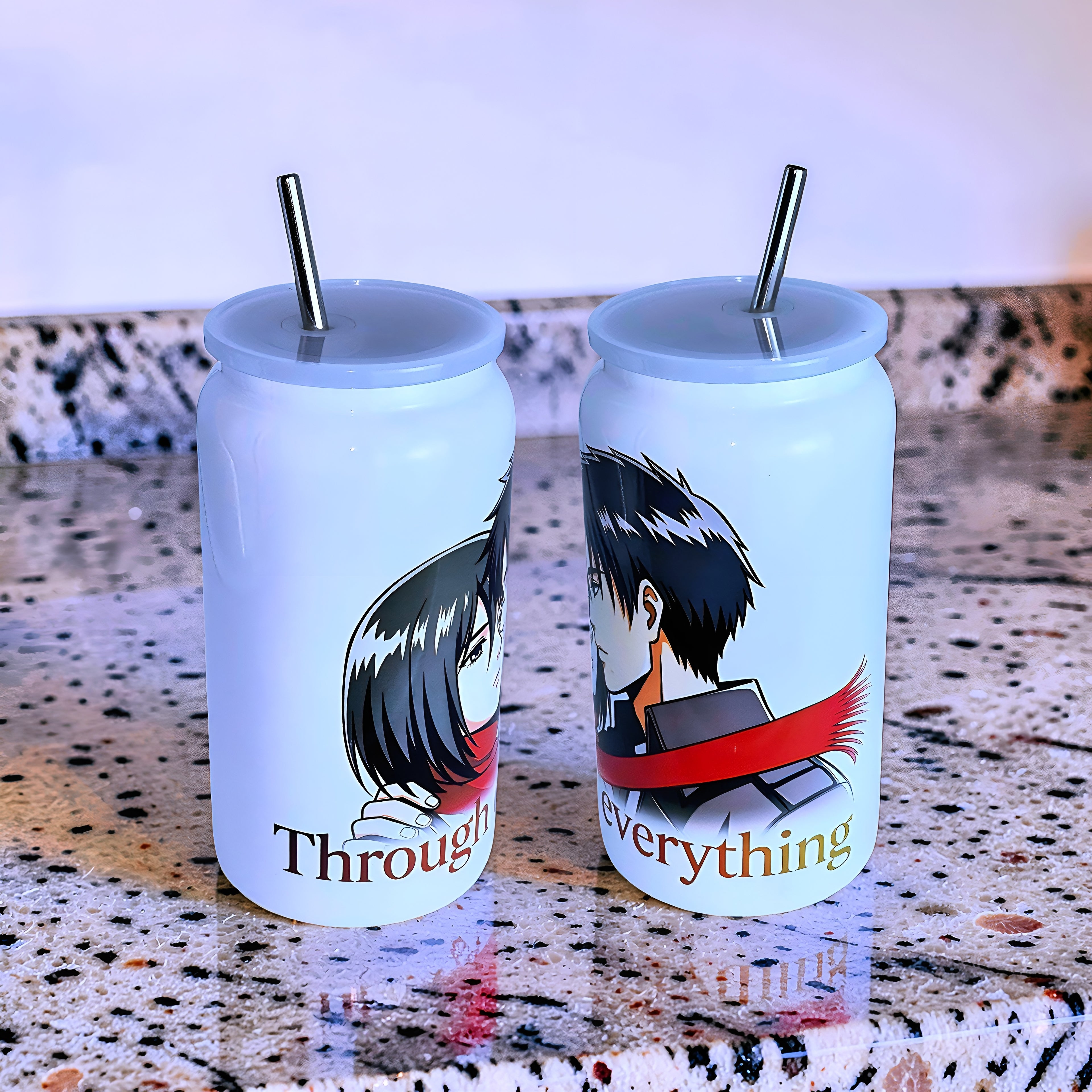 Anime Inspired 16oz Tumbler – Eren & Mikasa Inspired “Through Everything” Design + Stainless Steel Metal Straw | MpressPrintz