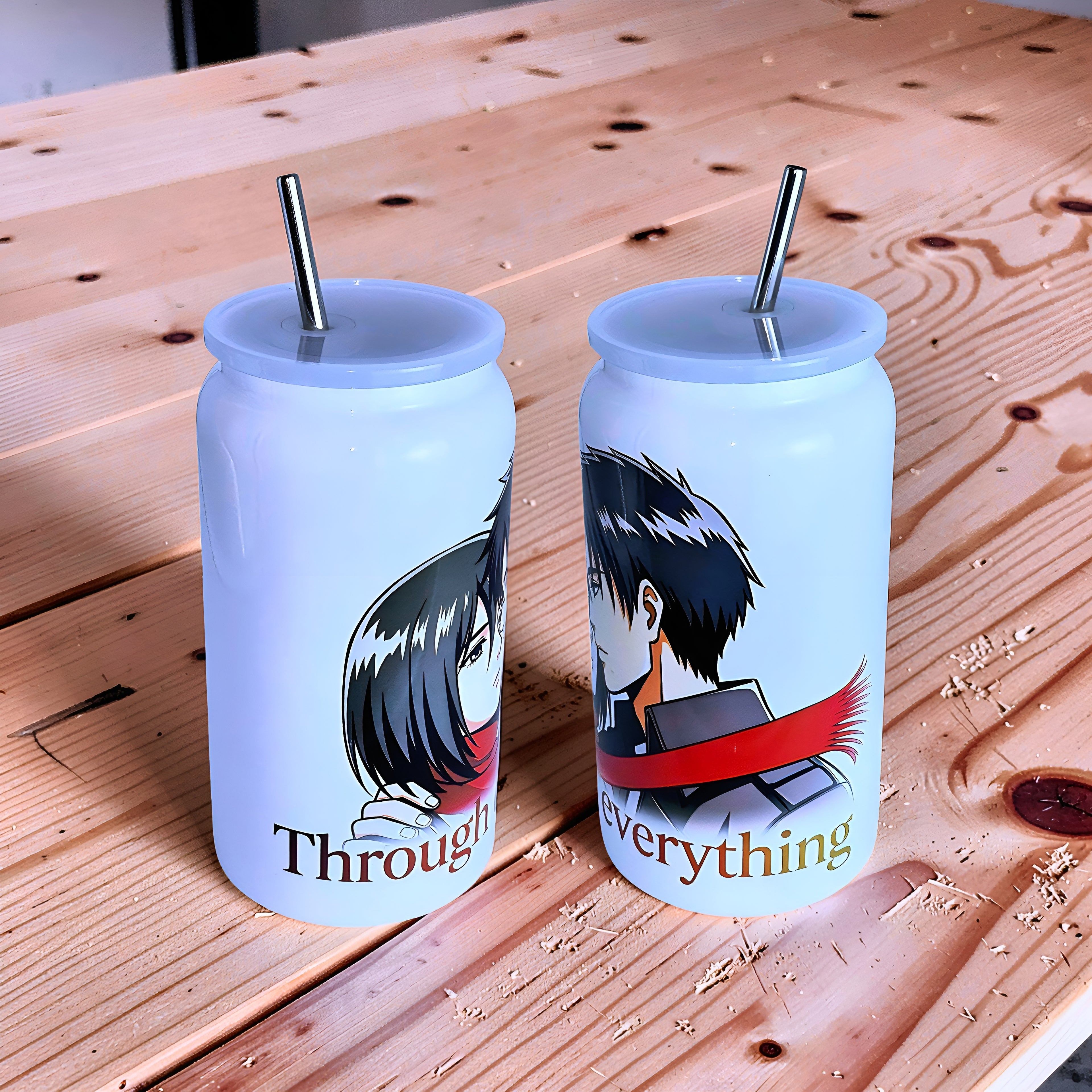 Anime Inspired 16oz Tumbler – Eren & Mikasa Inspired “Through Everything” Design + Stainless Steel Metal Straw | MpressPrintz