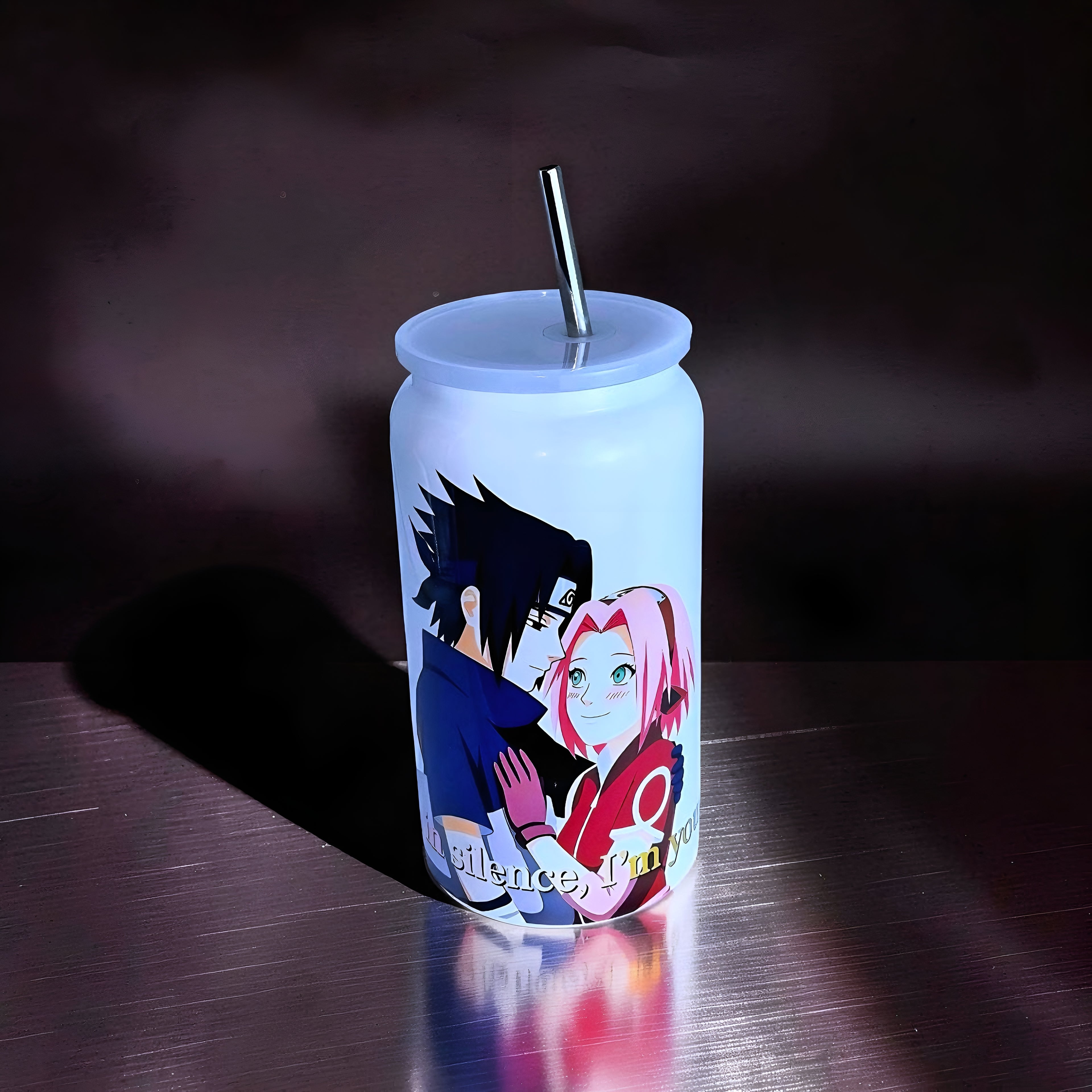 Anime Inspired 16oz Tumbler – Sasuke & Sakura Inspired “Even in Silence, I’m Yours” Design + Stainless Steel Metal Straw | MpressPrintz