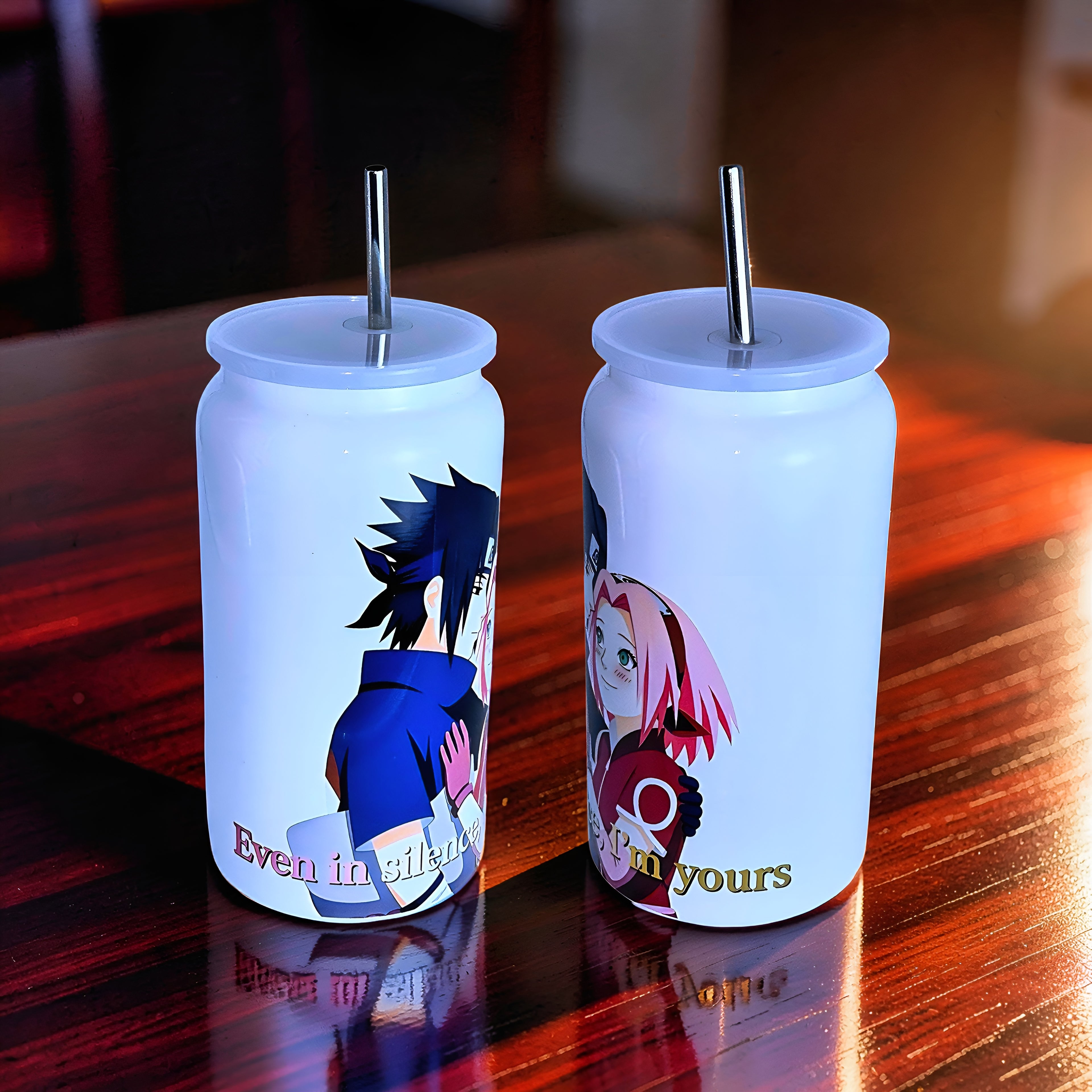 Anime Inspired 16oz Tumbler – Sasuke & Sakura Inspired “Even in Silence, I’m Yours” Design + Stainless Steel Metal Straw | MpressPrintz