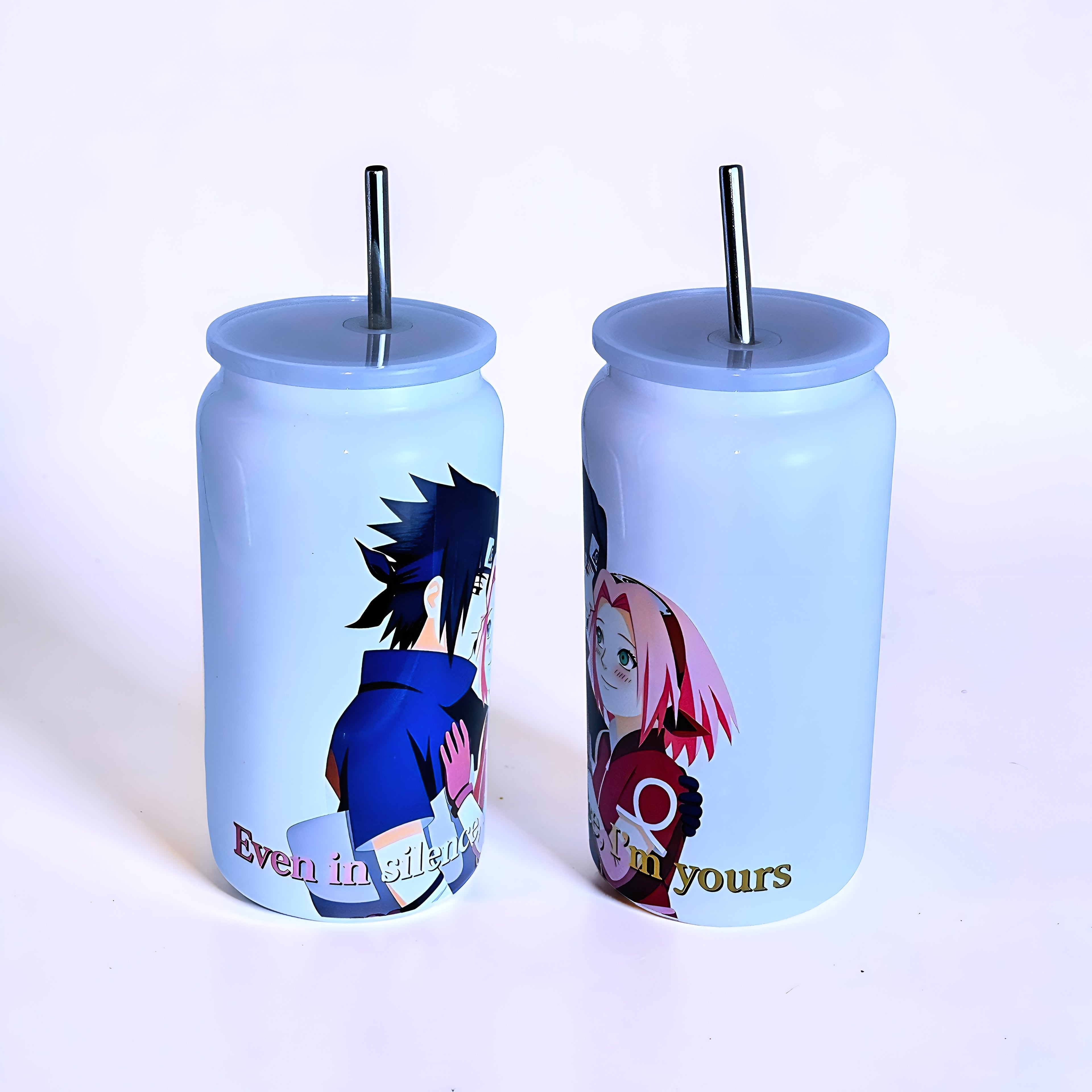 Anime Inspired 16oz Tumbler – Sasuke & Sakura Inspired “Even in Silence, I’m Yours” Design + Stainless Steel Metal Straw | MpressPrintz