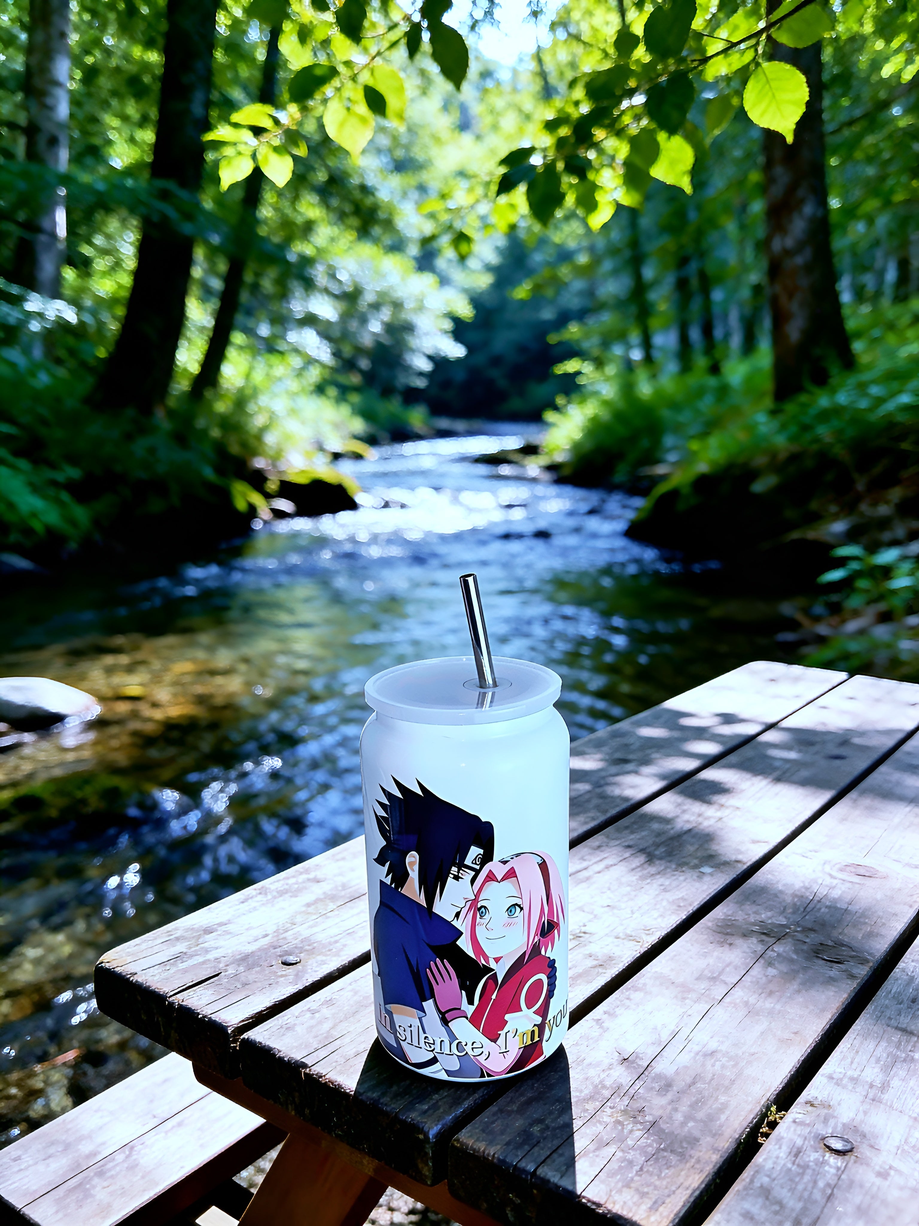 Anime Inspired 16oz Tumbler – Sasuke & Sakura Inspired “Even in Silence, I’m Yours” Design + Stainless Steel Metal Straw | MpressPrintz