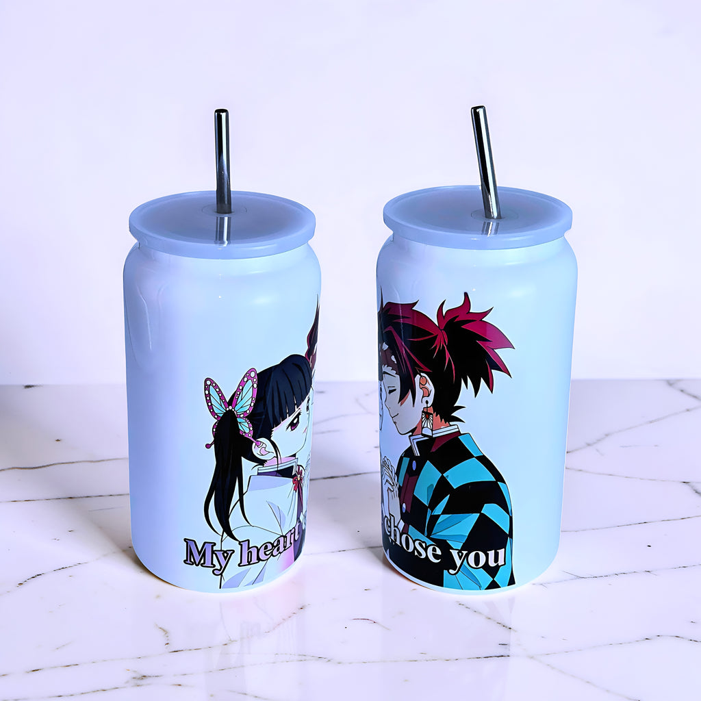 Anime Inspired 16oz Tumbler – Tanjiro & Kanao Inspired “My Heart Chose You” Design + Stainless Steel Metal Straw | MpressPrintz
