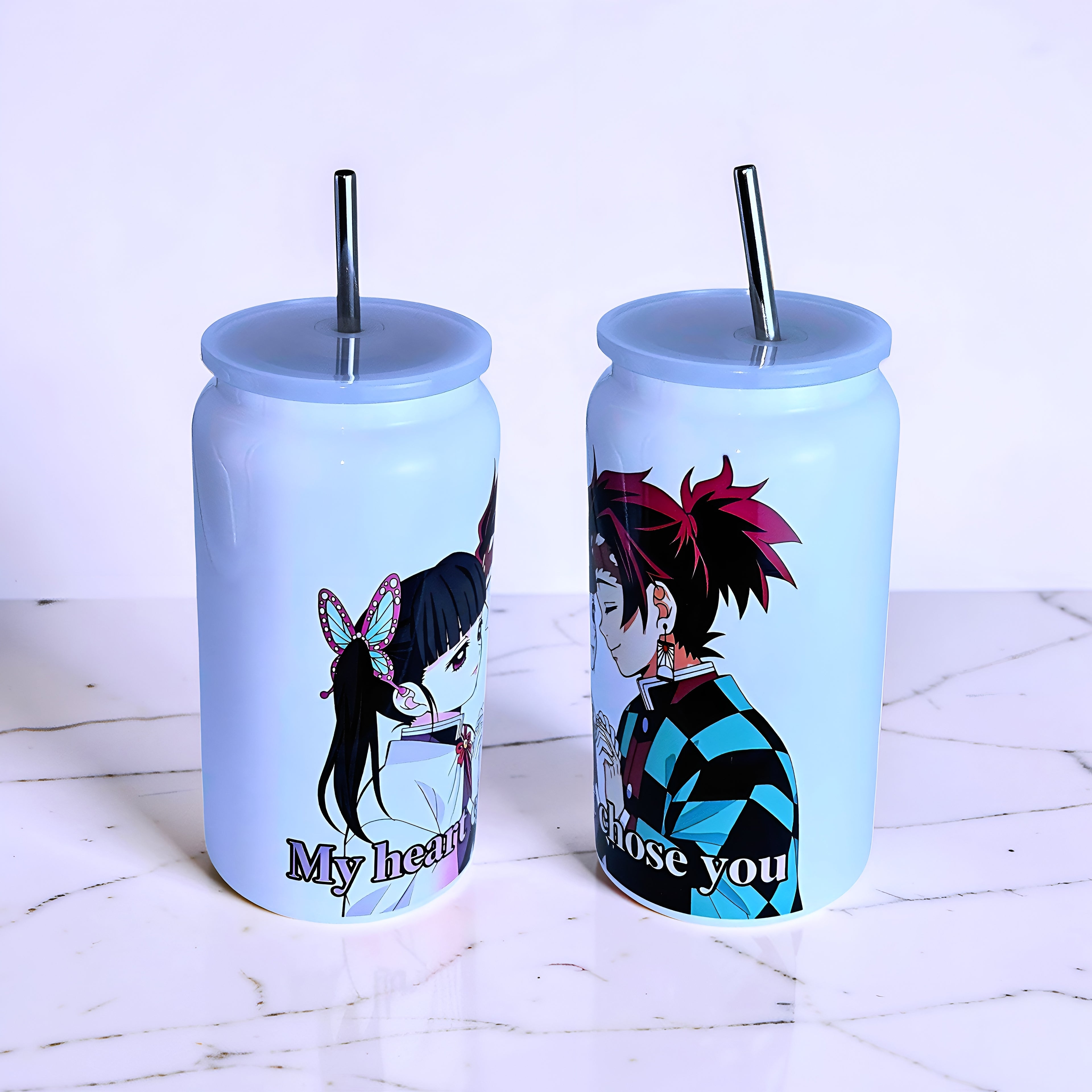 Anime Inspired 16oz Tumbler – Tanjiro & Kanao Inspired “My Heart Chose You” Design + Stainless Steel Metal Straw | MpressPrintz