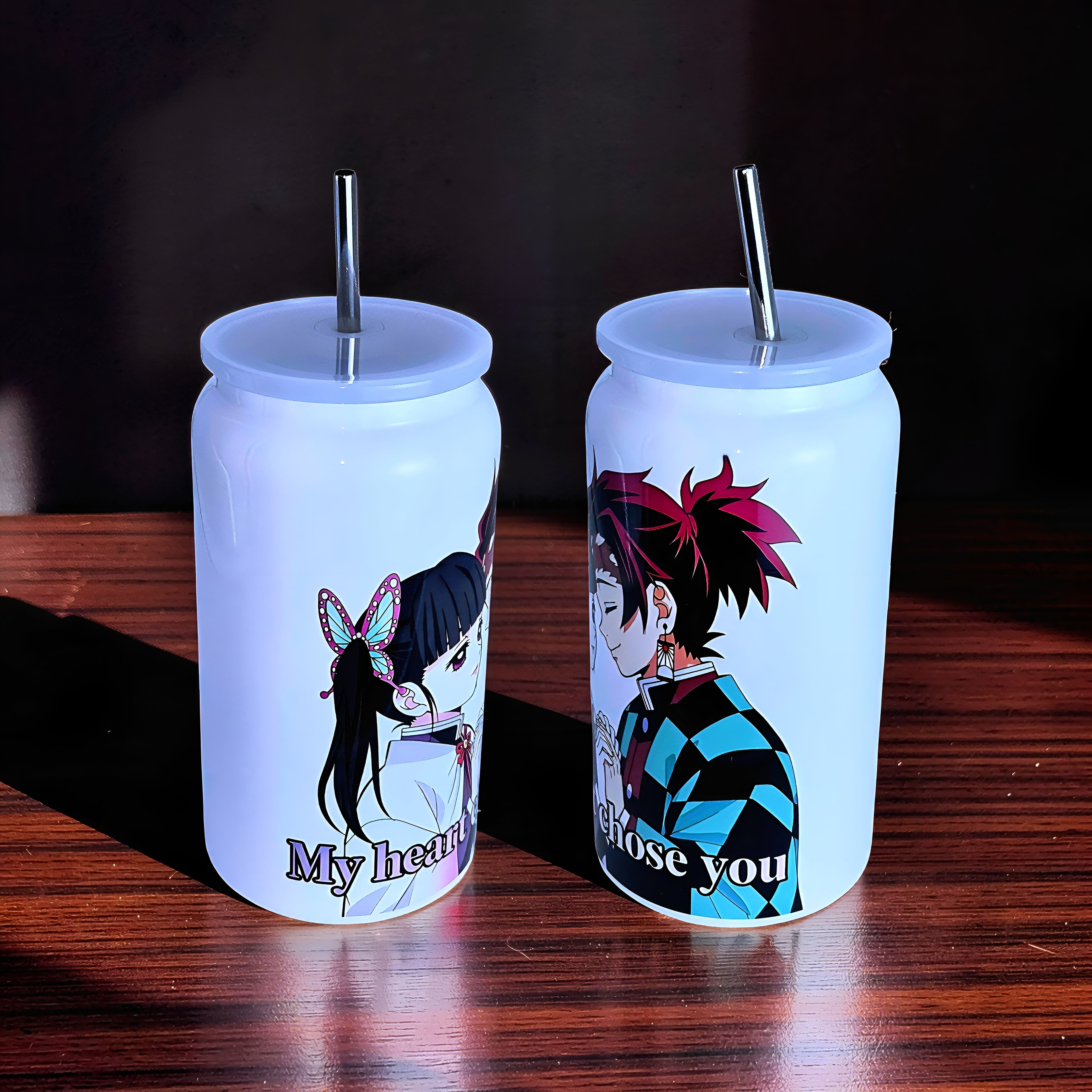 Anime Inspired 16oz Tumbler – Tanjiro & Kanao Inspired “My Heart Chose You” Design + Stainless Steel Metal Straw | MpressPrintz