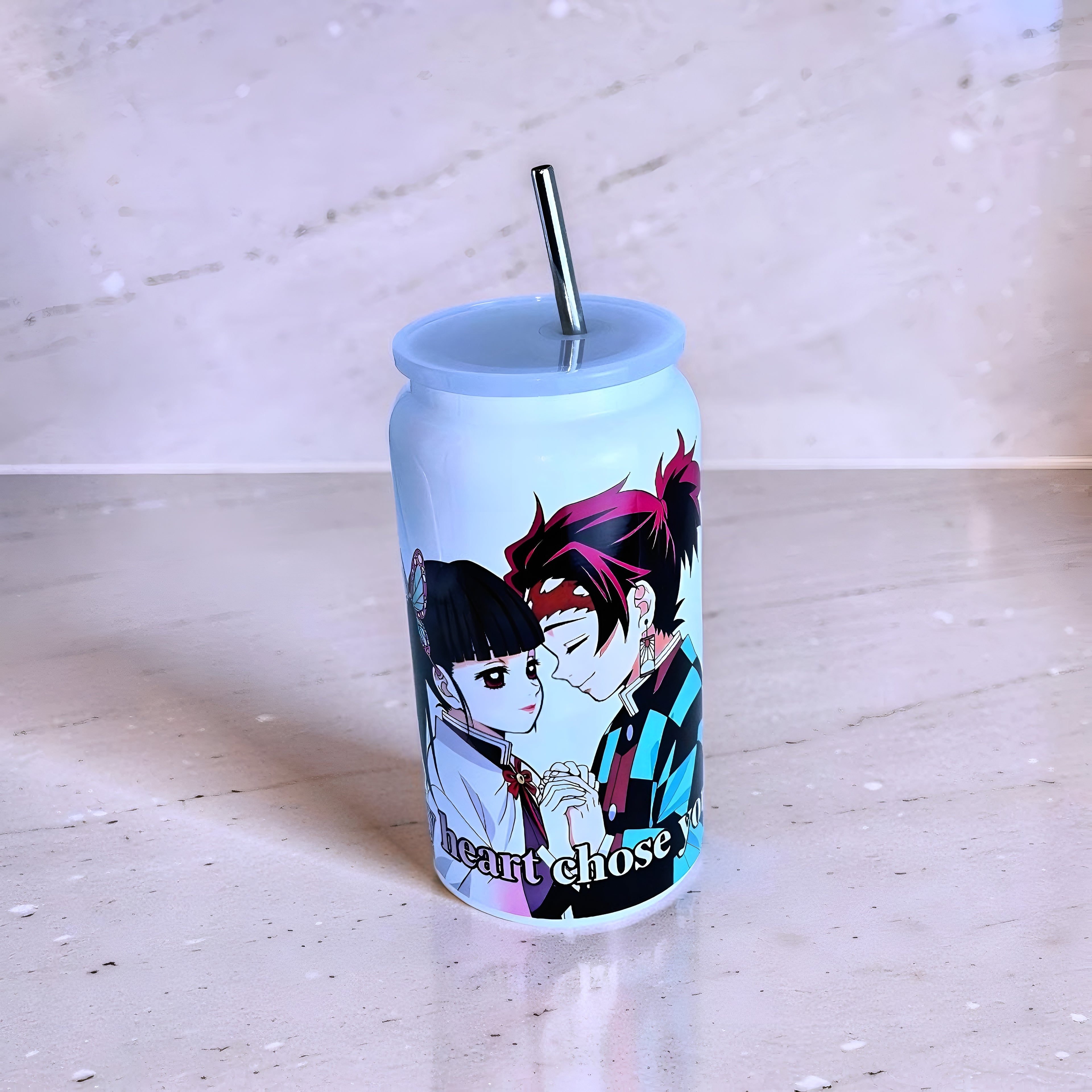 Anime Inspired 16oz Tumbler – Tanjiro & Kanao Inspired “My Heart Chose You” Design + Stainless Steel Metal Straw | MpressPrintz