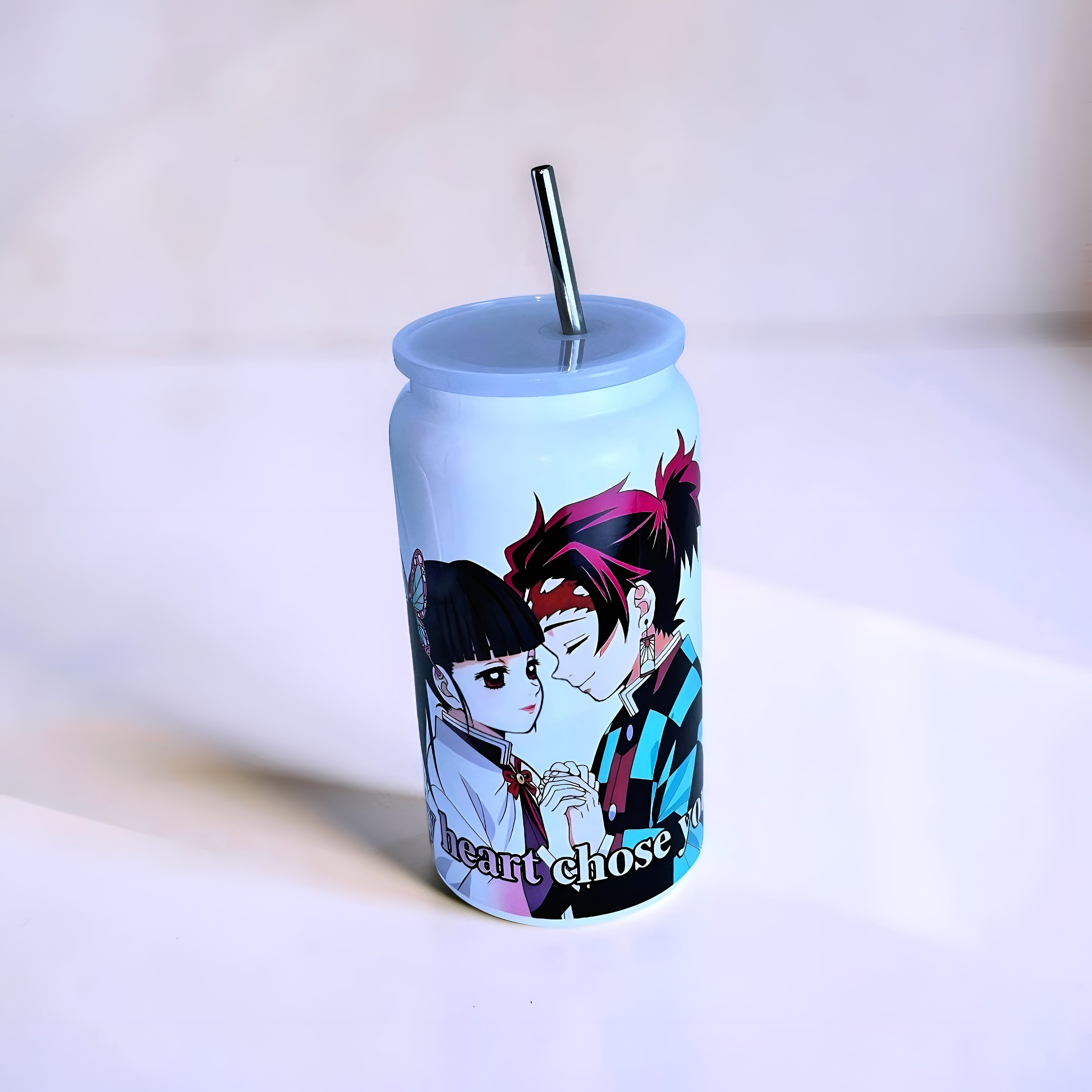 Anime Inspired 16oz Tumbler – Tanjiro & Kanao Inspired “My Heart Chose You” Design + Stainless Steel Metal Straw | MpressPrintz