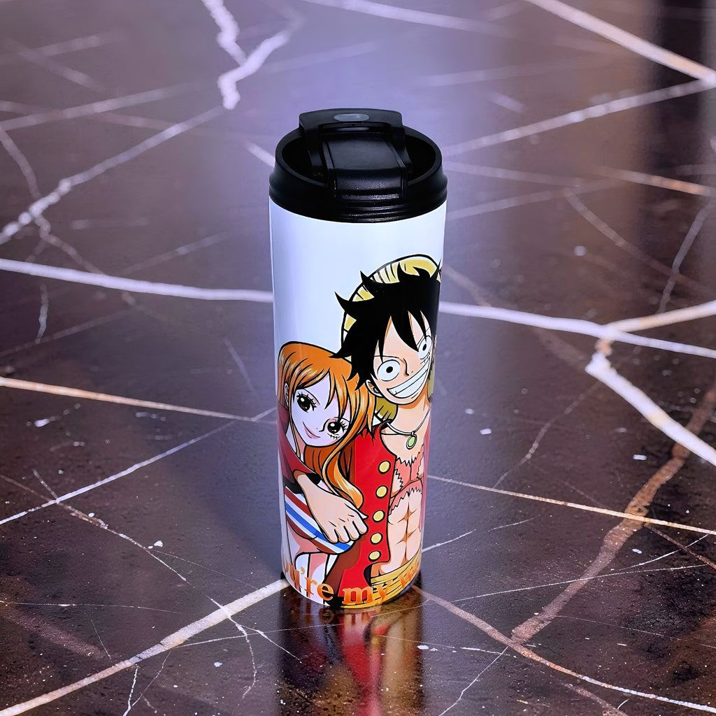 Anime Inspired 20oz Skinny Tumbler – Luffy & Nami Inspired “You’re My World” Design