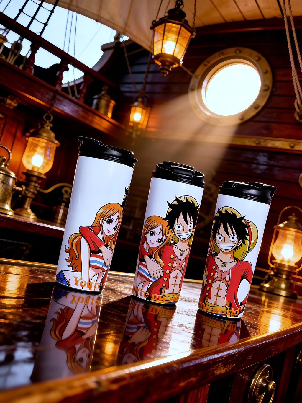 Anime Inspired 20oz Skinny Tumbler – Luffy & Nami Inspired “You’re My World” Design
