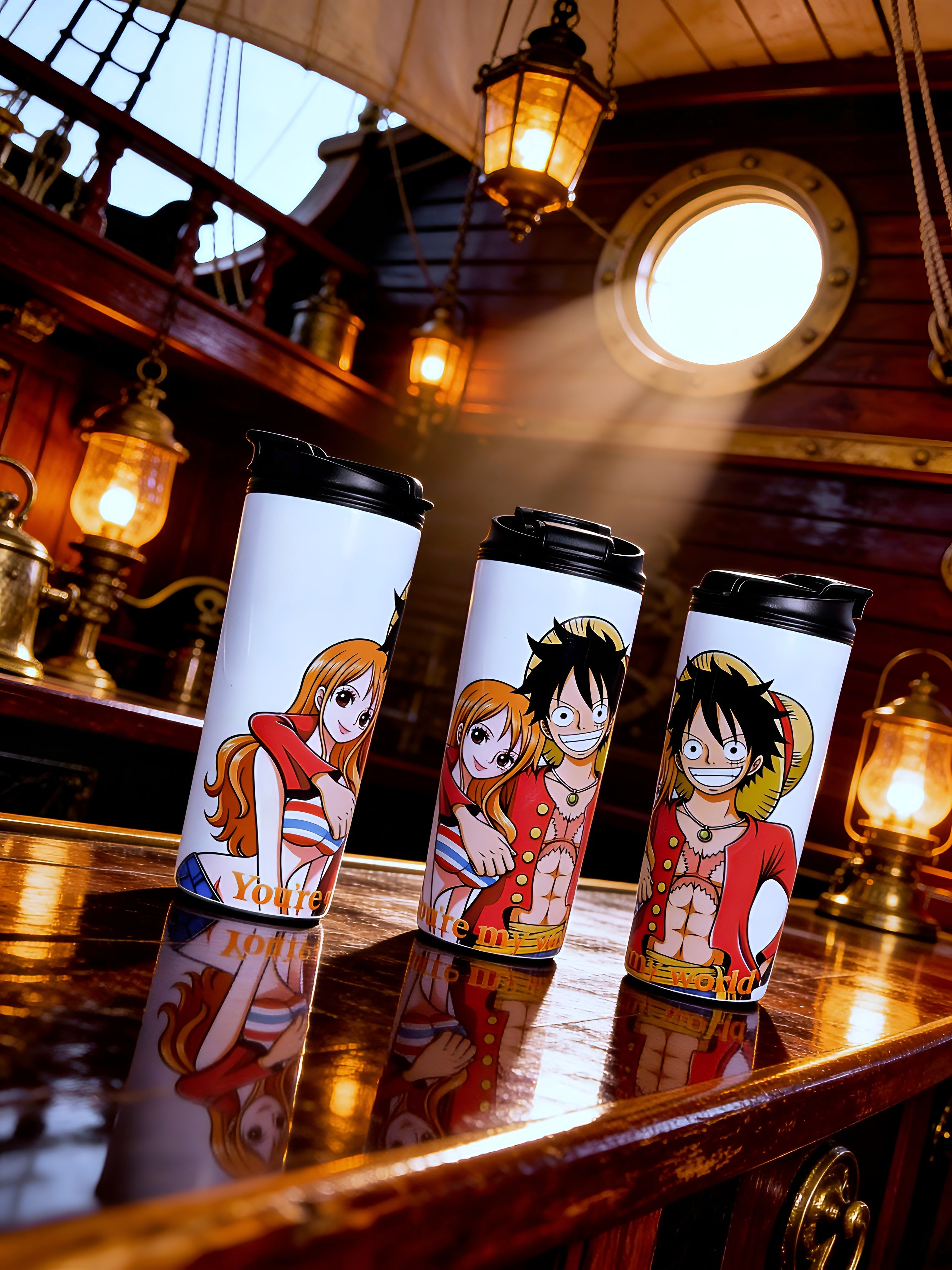 Anime Inspired 20oz Skinny Tumbler – Luffy & Nami Inspired “You’re My World” Design