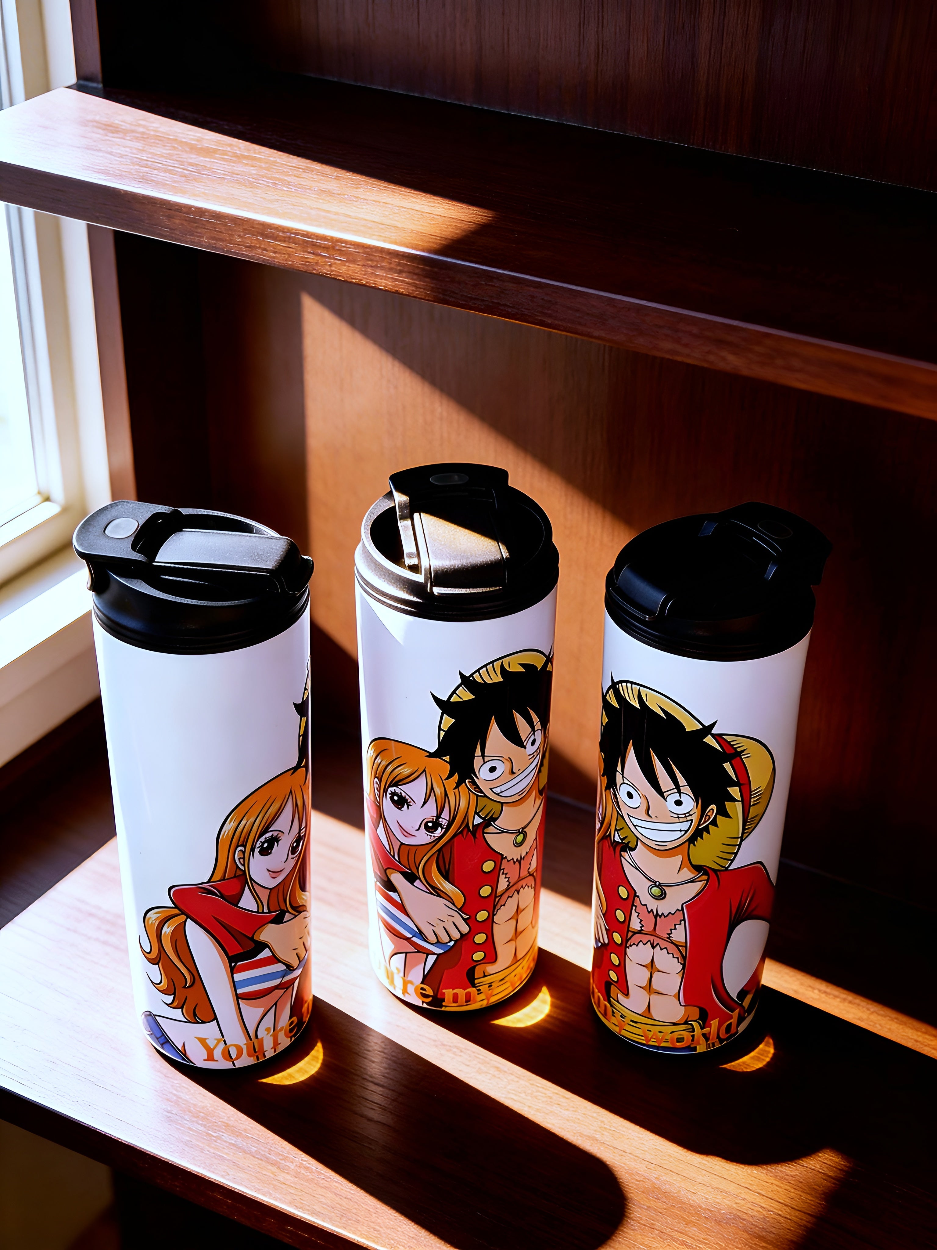 Anime Inspired 20oz Skinny Tumbler – Luffy & Nami Inspired “You’re My World” Design