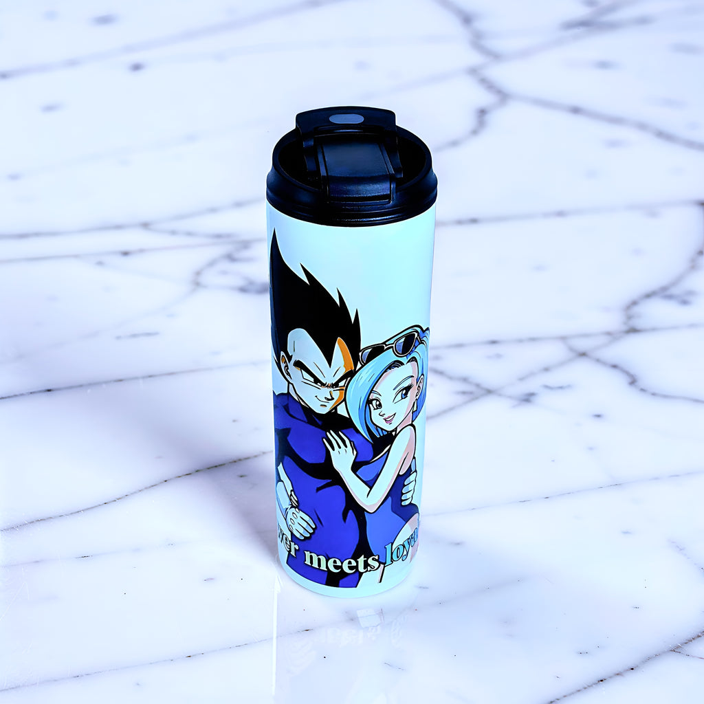 Anime Inspired Couple 20oz Skinny Tumbler – Vegeta & Bulma Inspired “Power Meets Loyalty” Design | MpressPrintz