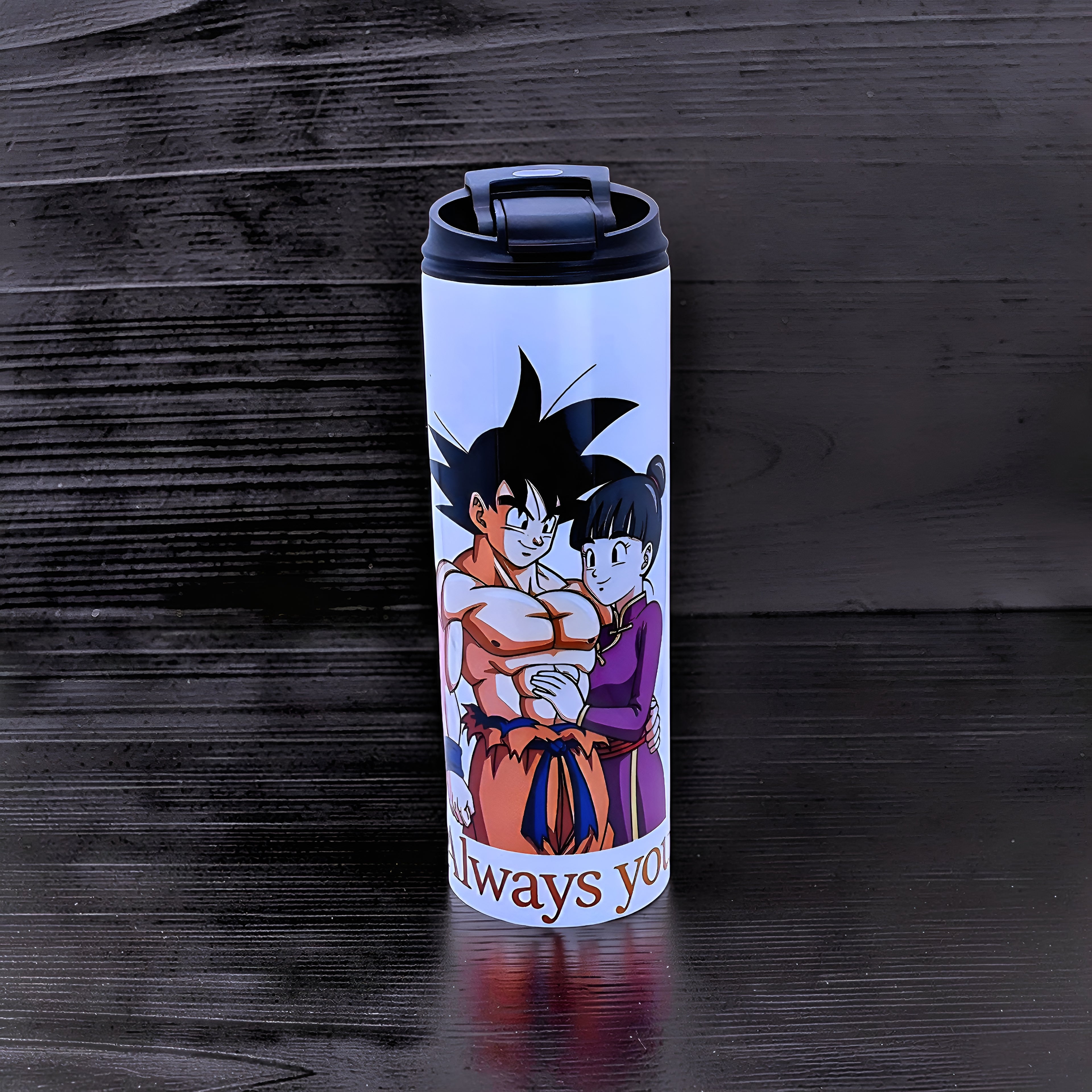 Anime Inspired 20oz Skinny Tumbler/Water Bottle – Goku & Chi-Chi Inspired “Always You” Design + Stainless Steel Metal Straw | MpressPrintz