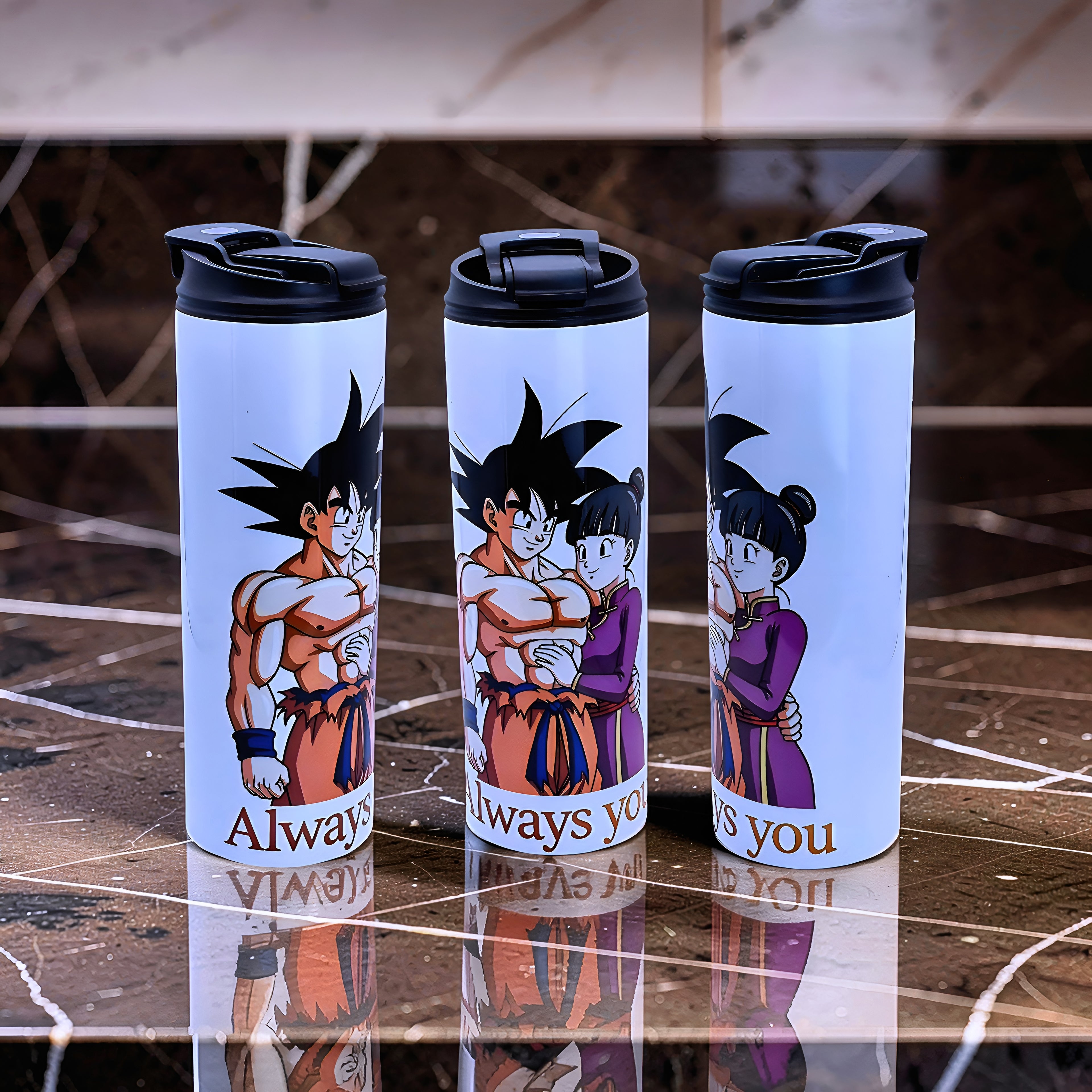 Anime Inspired 20oz Skinny Tumbler/Water Bottle – Goku & Chi-Chi Inspired “Always You” Design + Stainless Steel Metal Straw | MpressPrintz