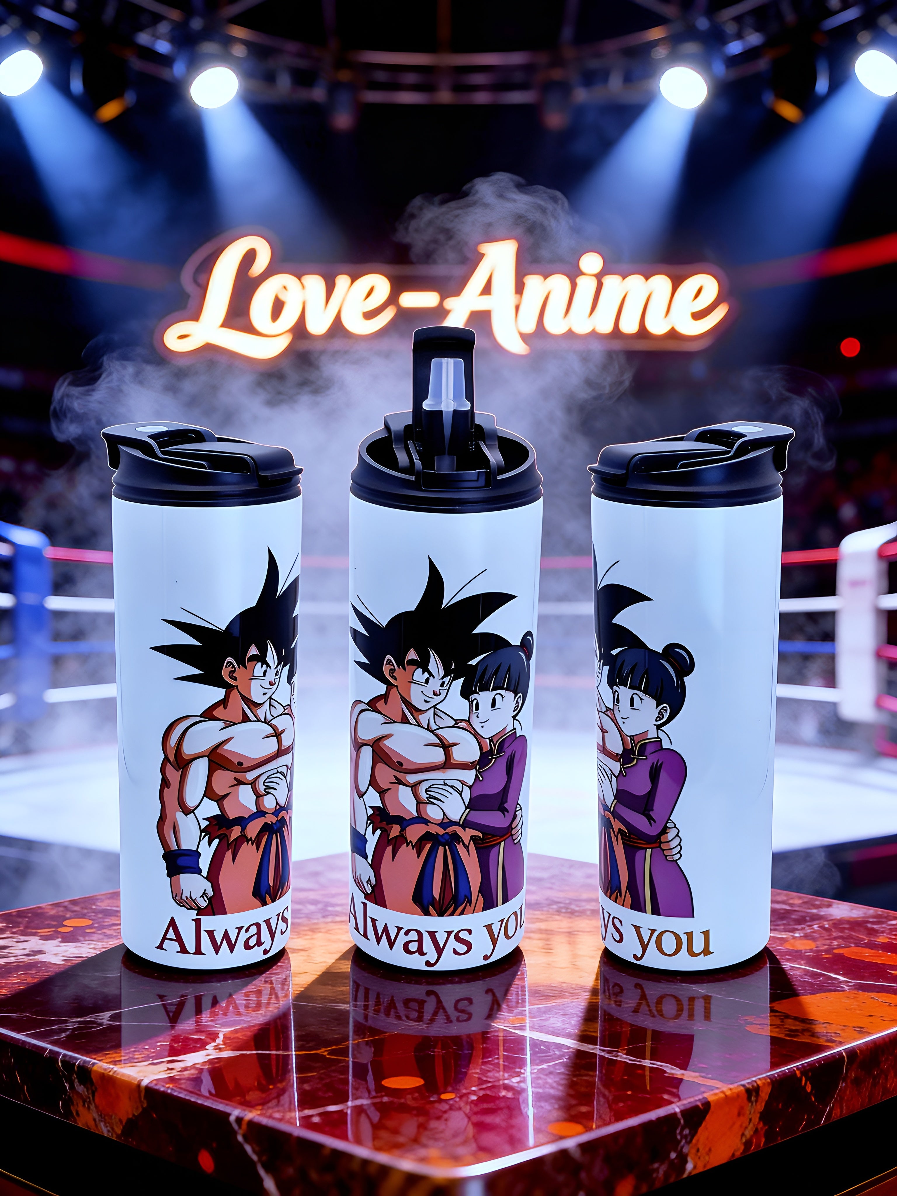 Anime Inspired 20oz Skinny Tumbler/Water Bottle – Goku & Chi-Chi Inspired “Always You” Design + Stainless Steel Metal Straw | MpressPrintz