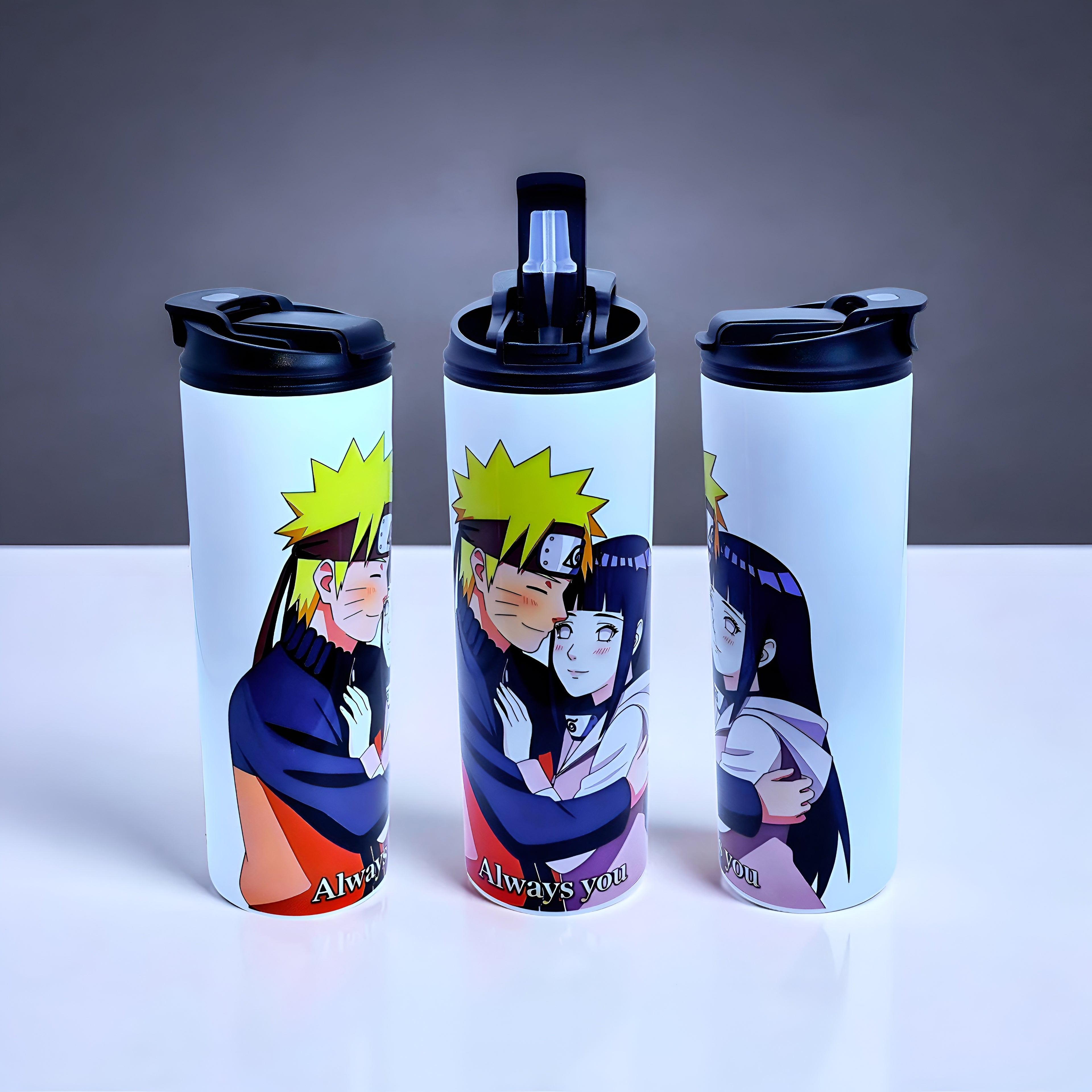Anime Inspired 20oz Skinny Tumbler/Water Bottle – Naruto & Hinata Inspired “Always You” Design + Stainless Steel Metal Straw | MpressPrintz