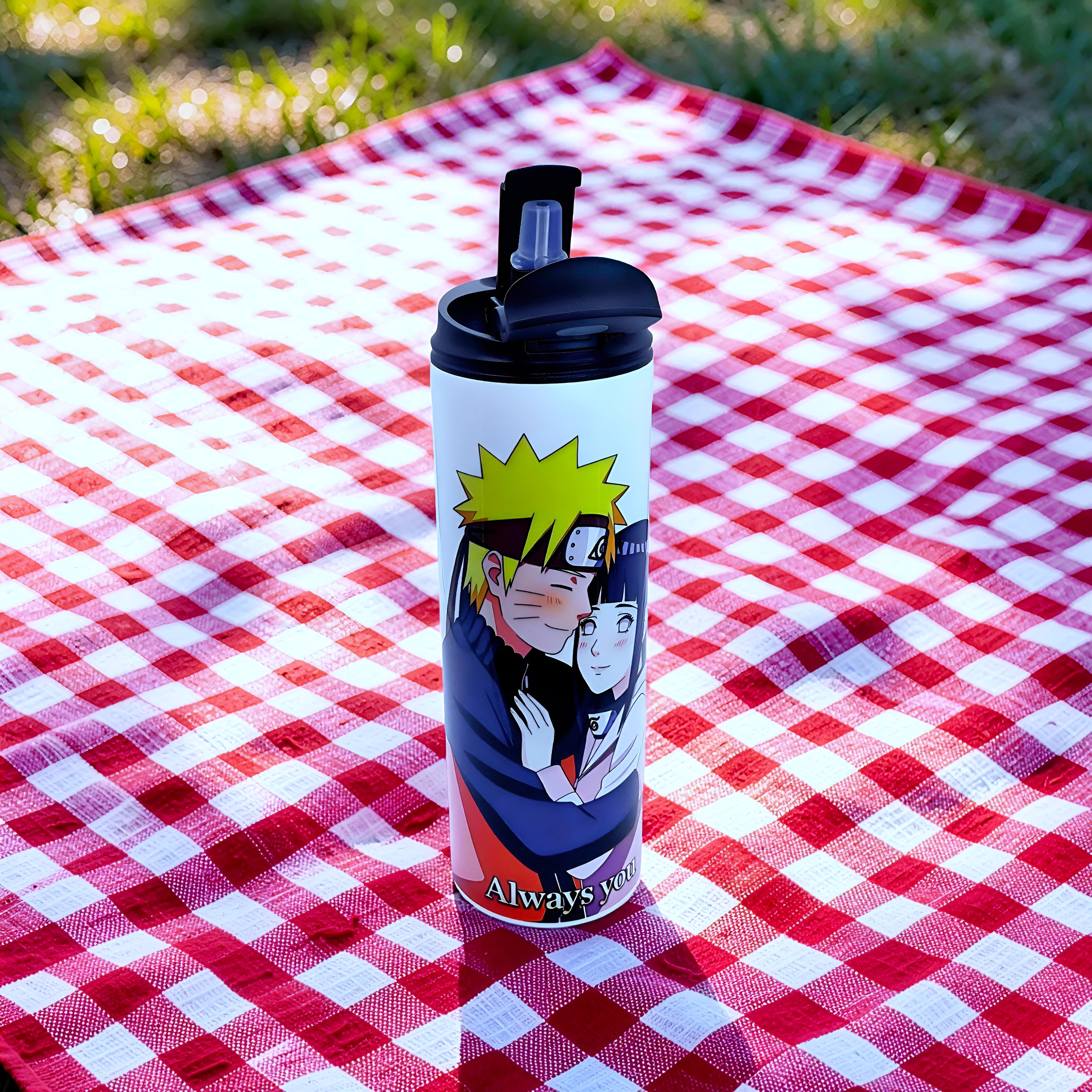 Anime Inspired 20oz Skinny Tumbler/Water Bottle – Naruto & Hinata Inspired “Always You” Design + Stainless Steel Metal Straw | MpressPrintz