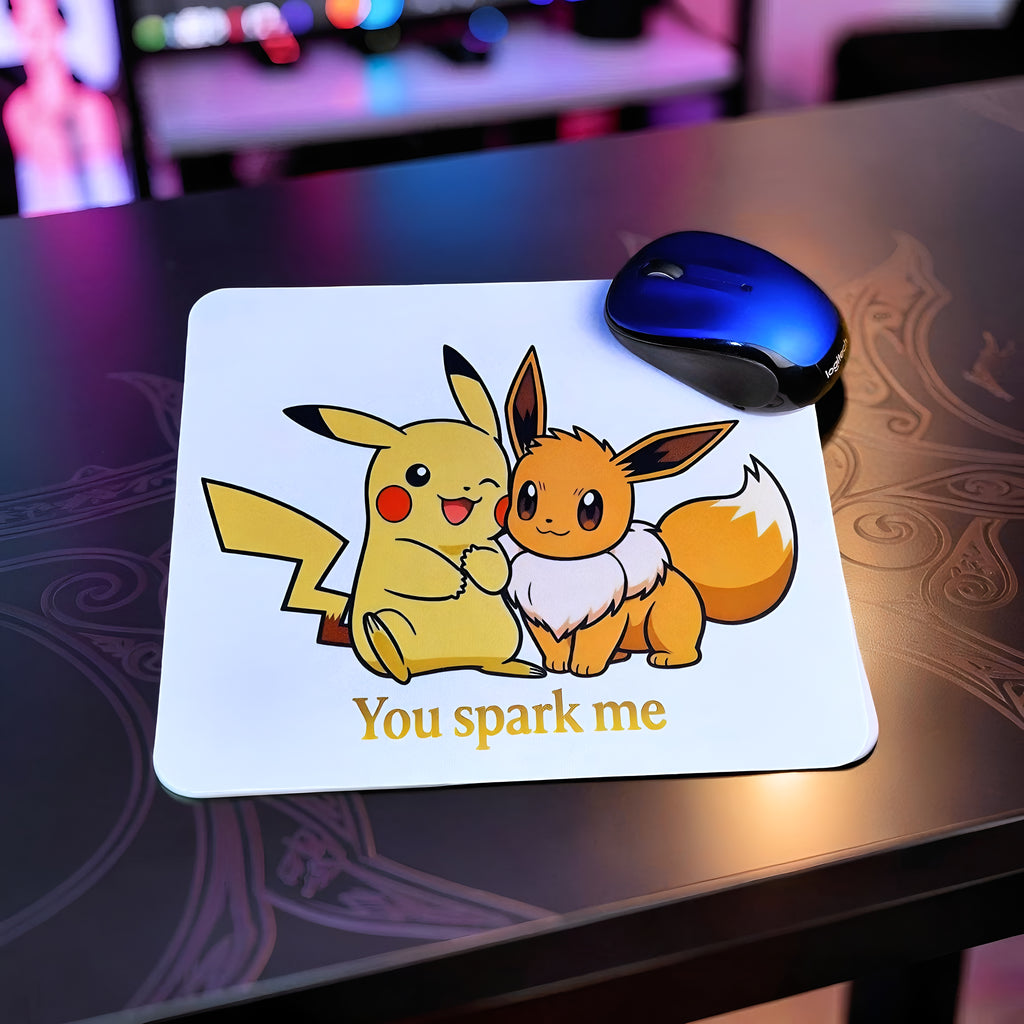 Cartoon Inspired Mousepad – Pikachu & Eevee Inspired “You Spark Me” Cute Design | MpressPrintz