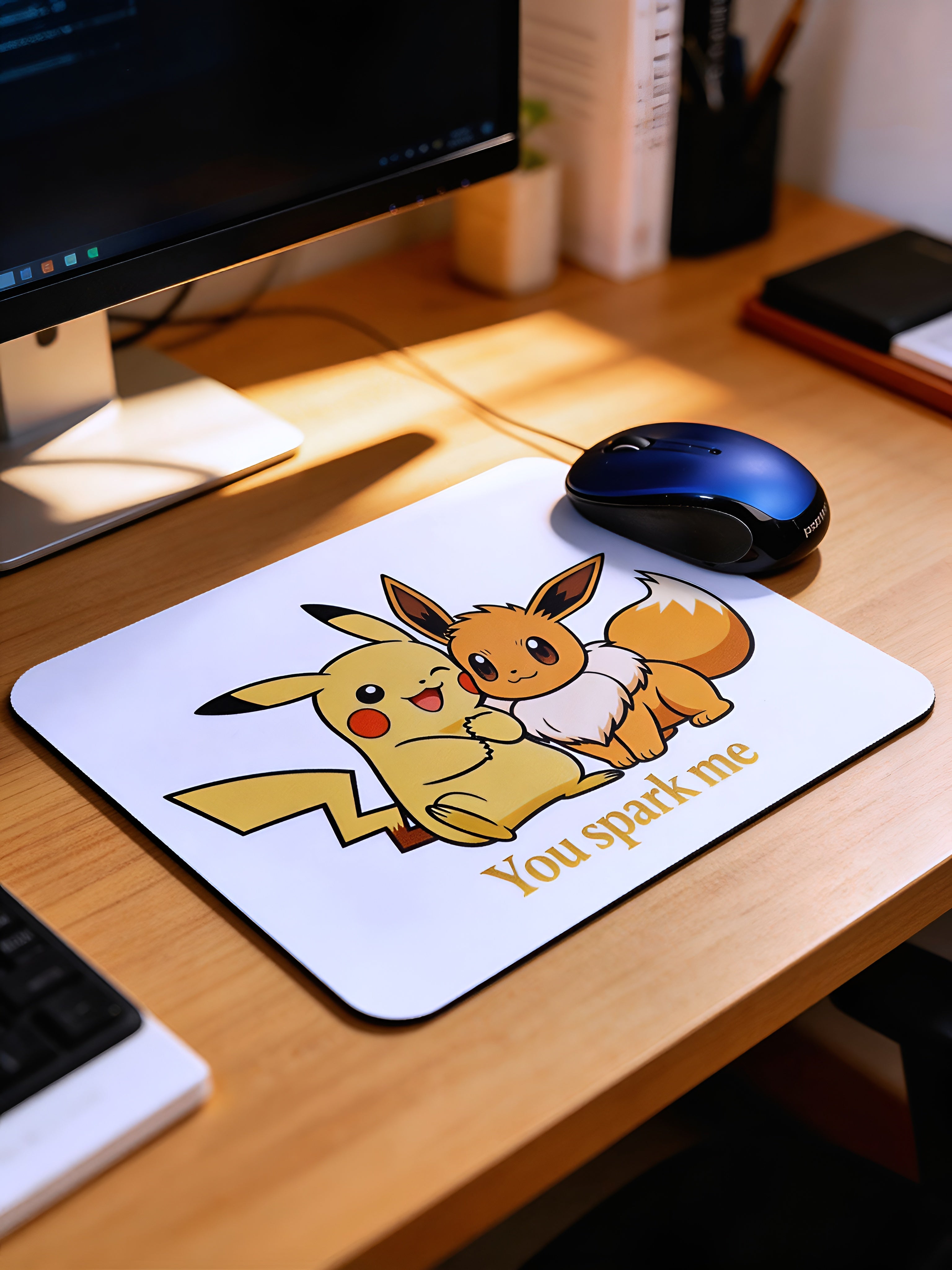 Cartoon Inspired Mousepad – Pikachu & Eevee Inspired “You Spark Me” Cute Design | MpressPrintz